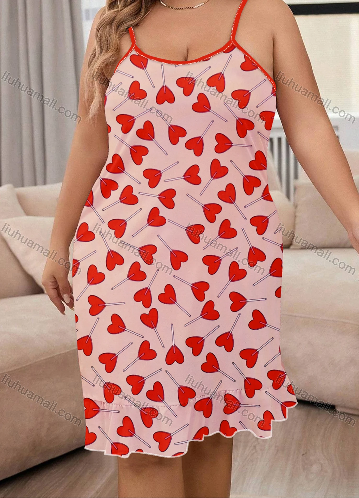 Wholesale Women's Milk Silk Allover Heart Print Spaghetti Strap Lettuce Trim Cami Lounge Nightdress DM1106-01# - Liuhuamall