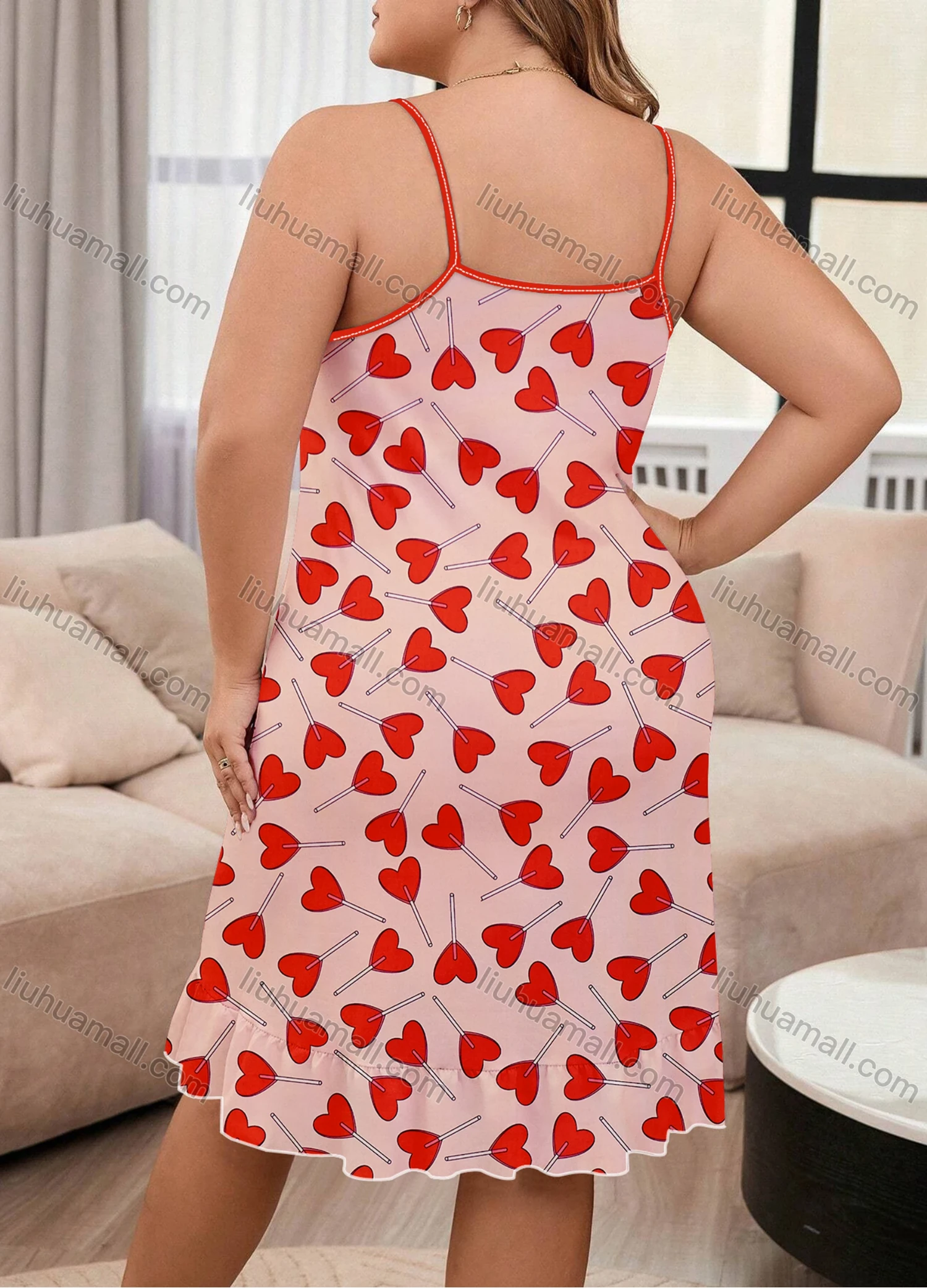 Wholesale Women's Milk Silk Allover Heart Print Spaghetti Strap Lettuce Trim Cami Lounge Nightdress DM1106-01# - Liuhuamall