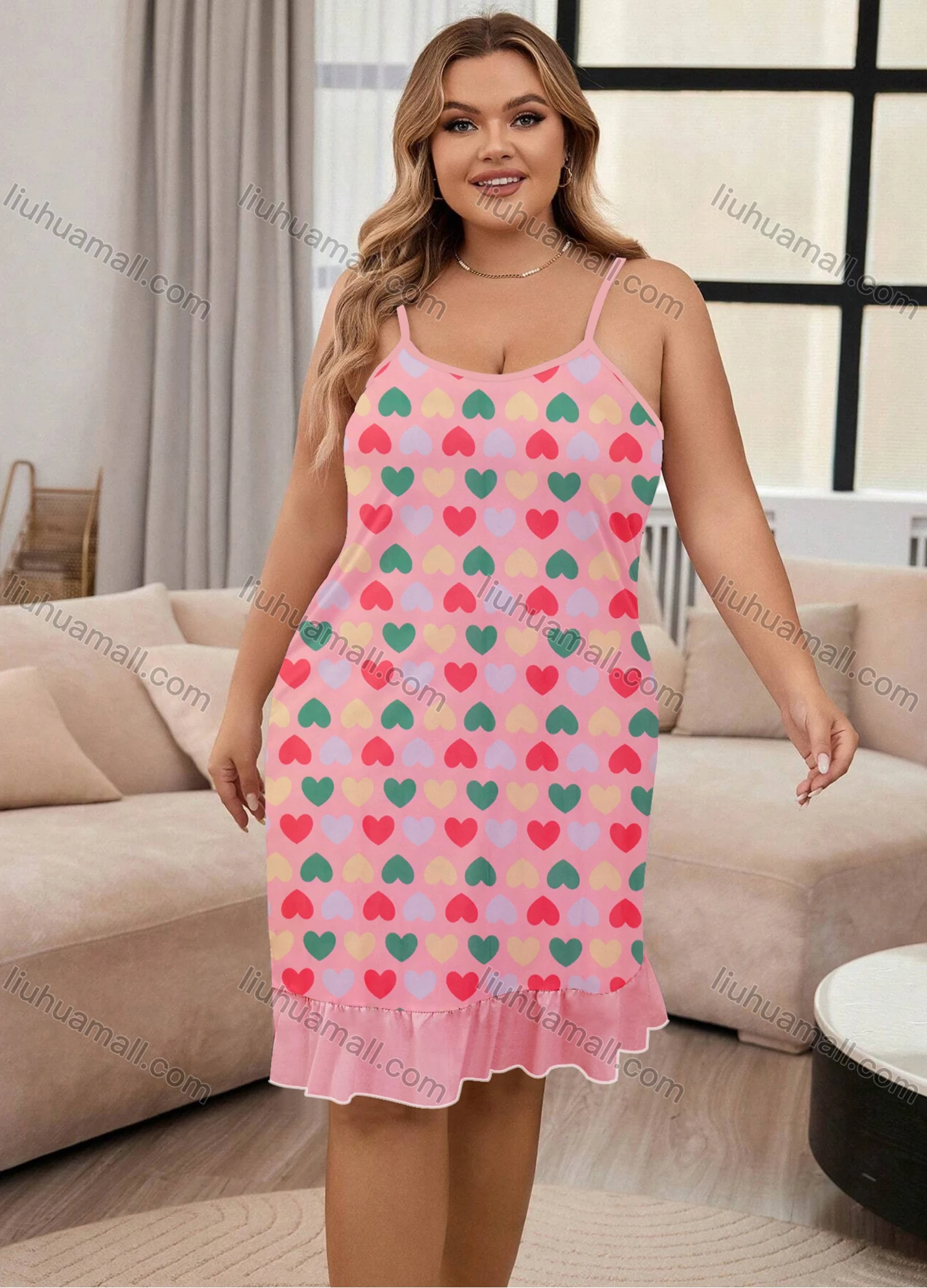 Wholesale Women's Milk Silk Allover Heart Print Spaghetti Strap Splicing Ruffle Hem Cami Lounge Nightdress DM1107# - Liuhuamall