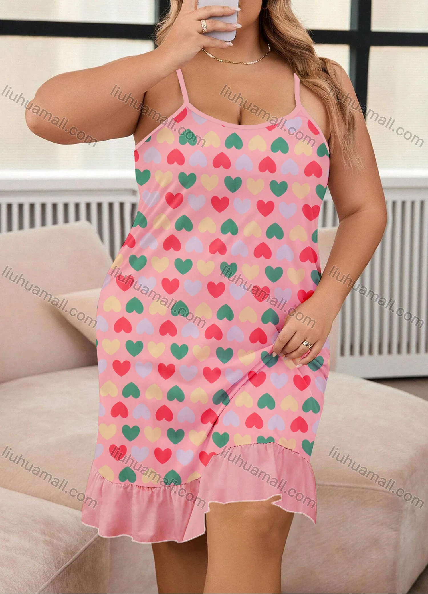 Wholesale Women's Milk Silk Allover Heart Print Spaghetti Strap Splicing Ruffle Hem Cami Lounge Nightdress DM1107# - Liuhuamall