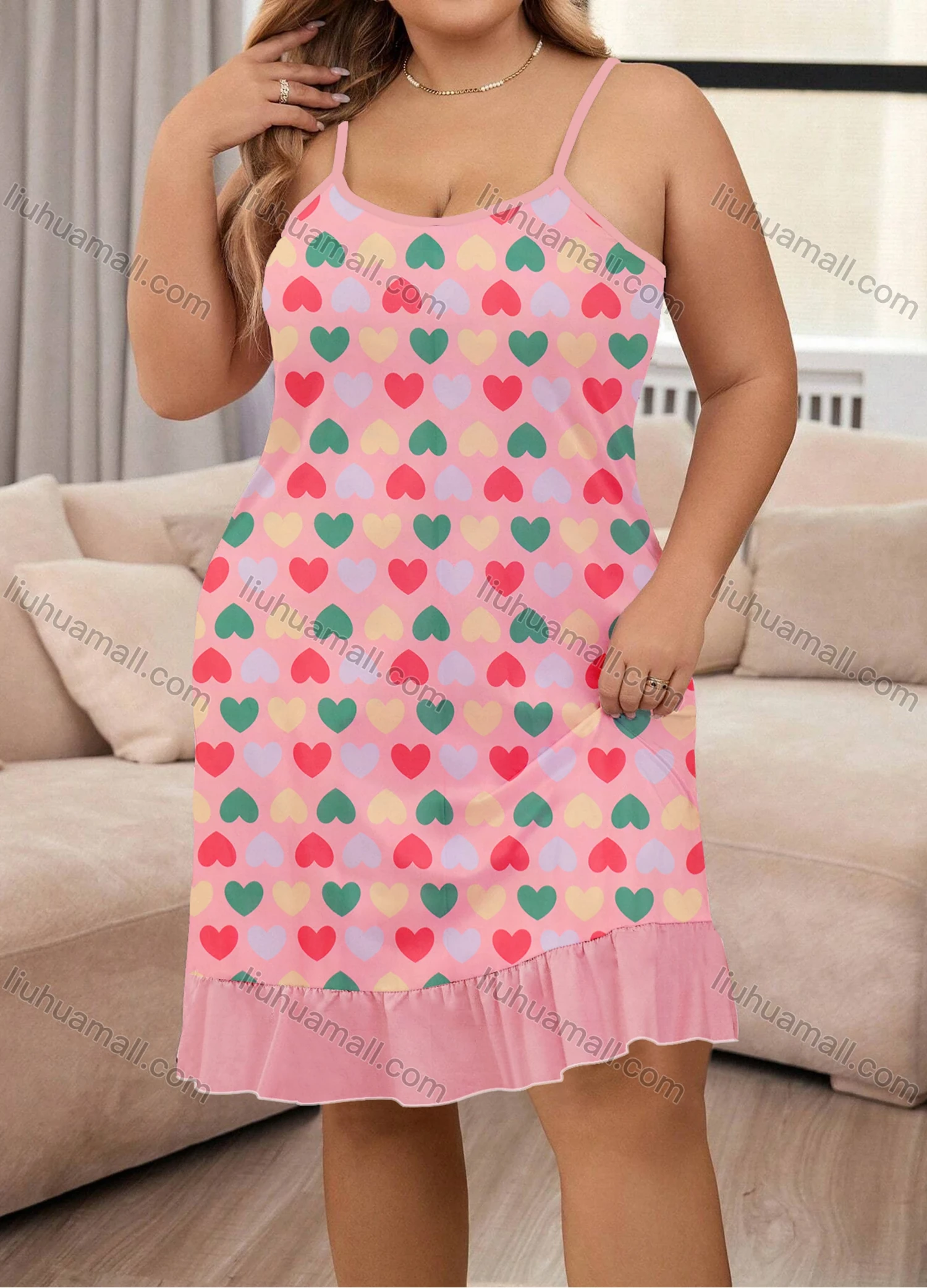 Wholesale Women's Milk Silk Allover Heart Print Spaghetti Strap Splicing Ruffle Hem Cami Lounge Nightdress DM1107# - Liuhuamall