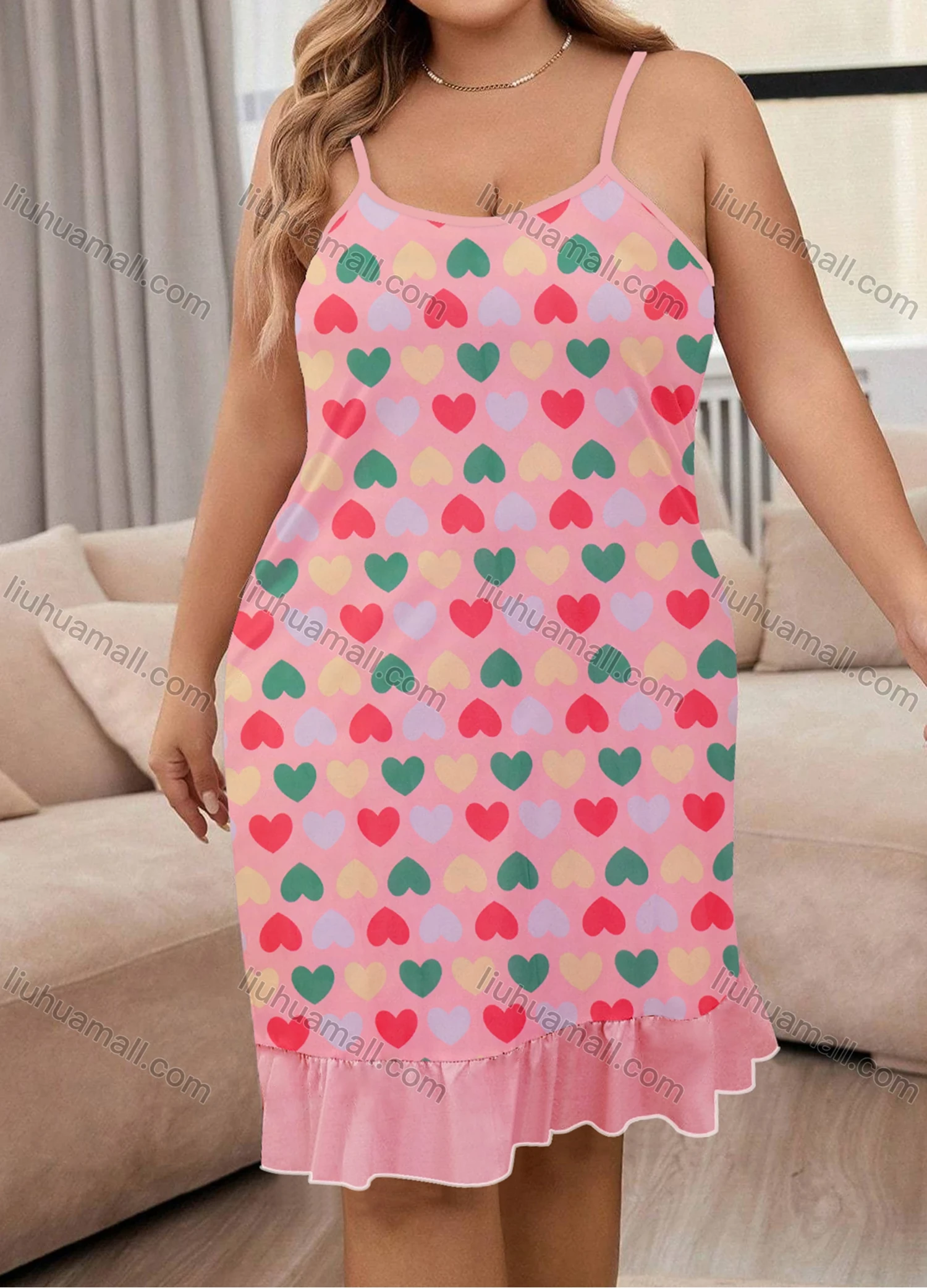 Wholesale Women's Milk Silk Allover Heart Print Spaghetti Strap Splicing Ruffle Hem Cami Lounge Nightdress DM1107# - Liuhuamall