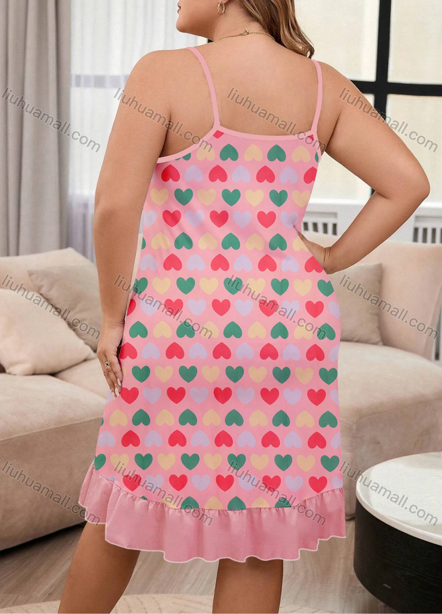 Wholesale Women's Milk Silk Allover Heart Print Spaghetti Strap Splicing Ruffle Hem Cami Lounge Nightdress DM1107# - Liuhuamall