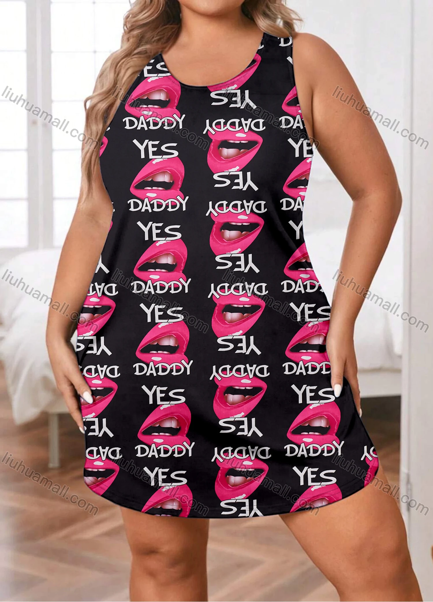 Wholesale Women's Lounge Milk Silk Allover Letter Graphic Print Curved Hem Crew Neck Tank Nightdress DM1201-02# - Liuhuamall