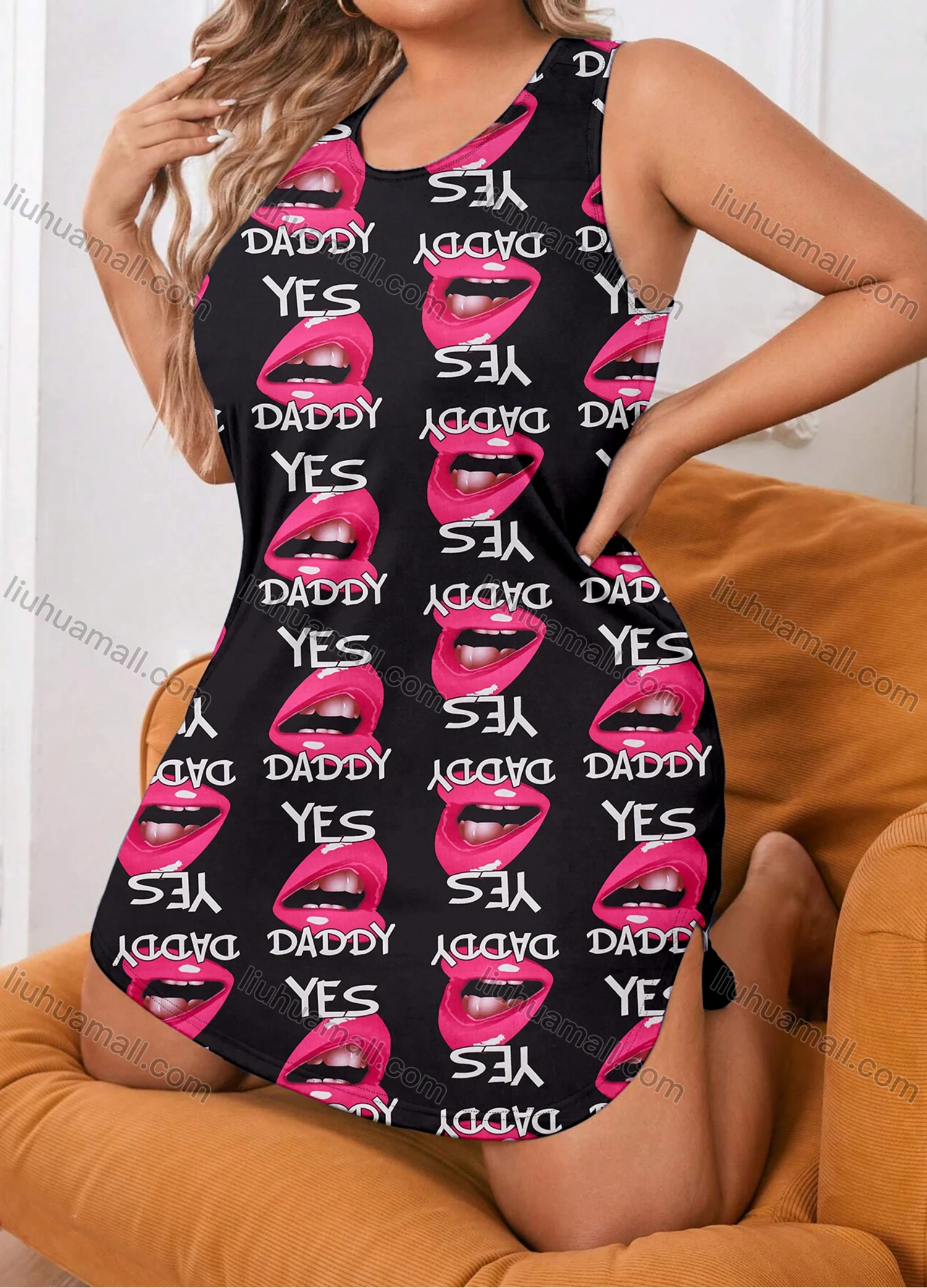 Wholesale Women's Lounge Milk Silk Allover Letter Graphic Print Curved Hem Crew Neck Tank Nightdress DM1201-02# - Liuhuamall