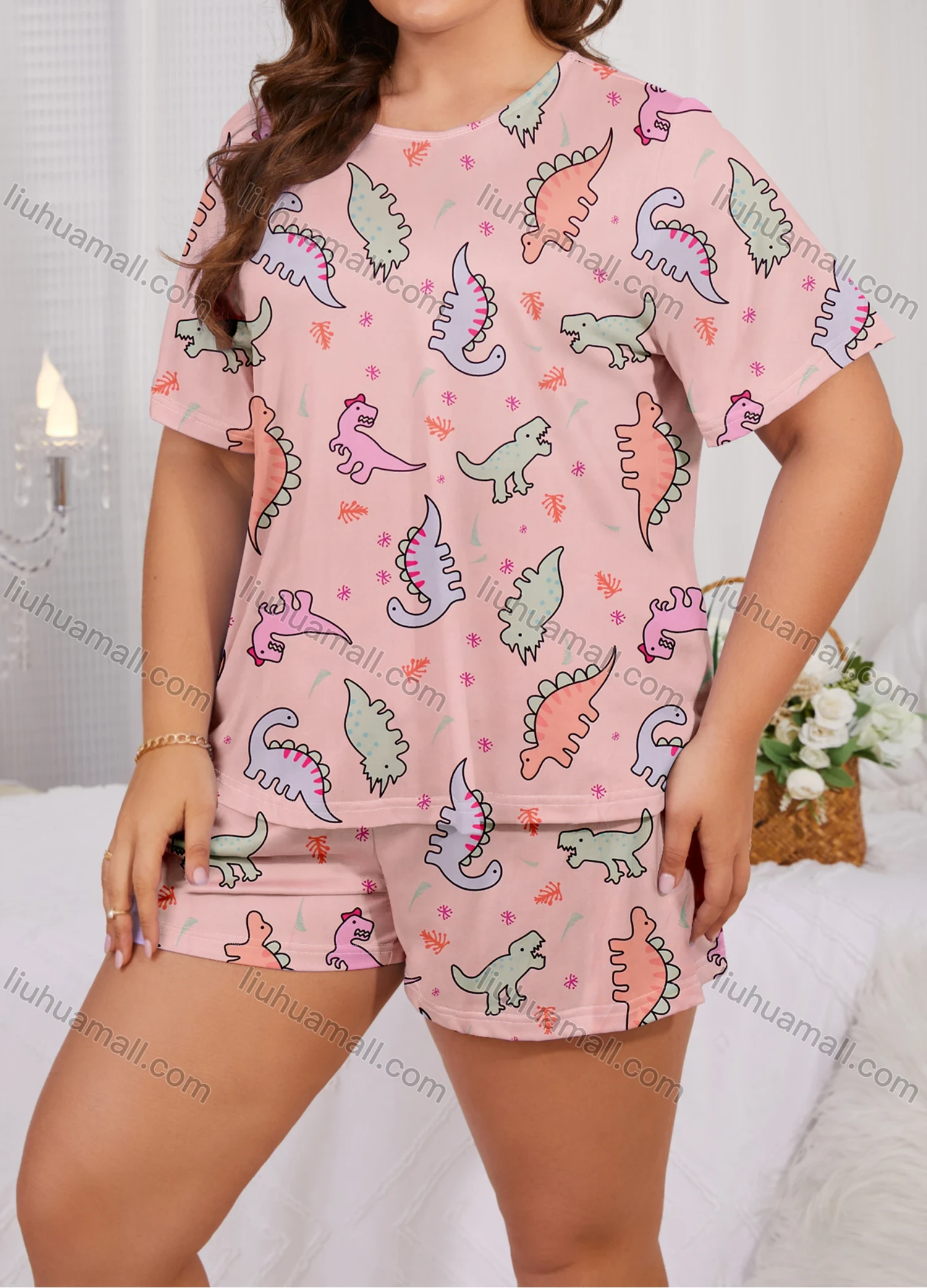 Wholesale Women's Lounge Cute Milk Silk Allover Dinosaur Print Short Sleeve T-shirt & Shorts Pajamas Sets DM2303-03# - Liuhuamall