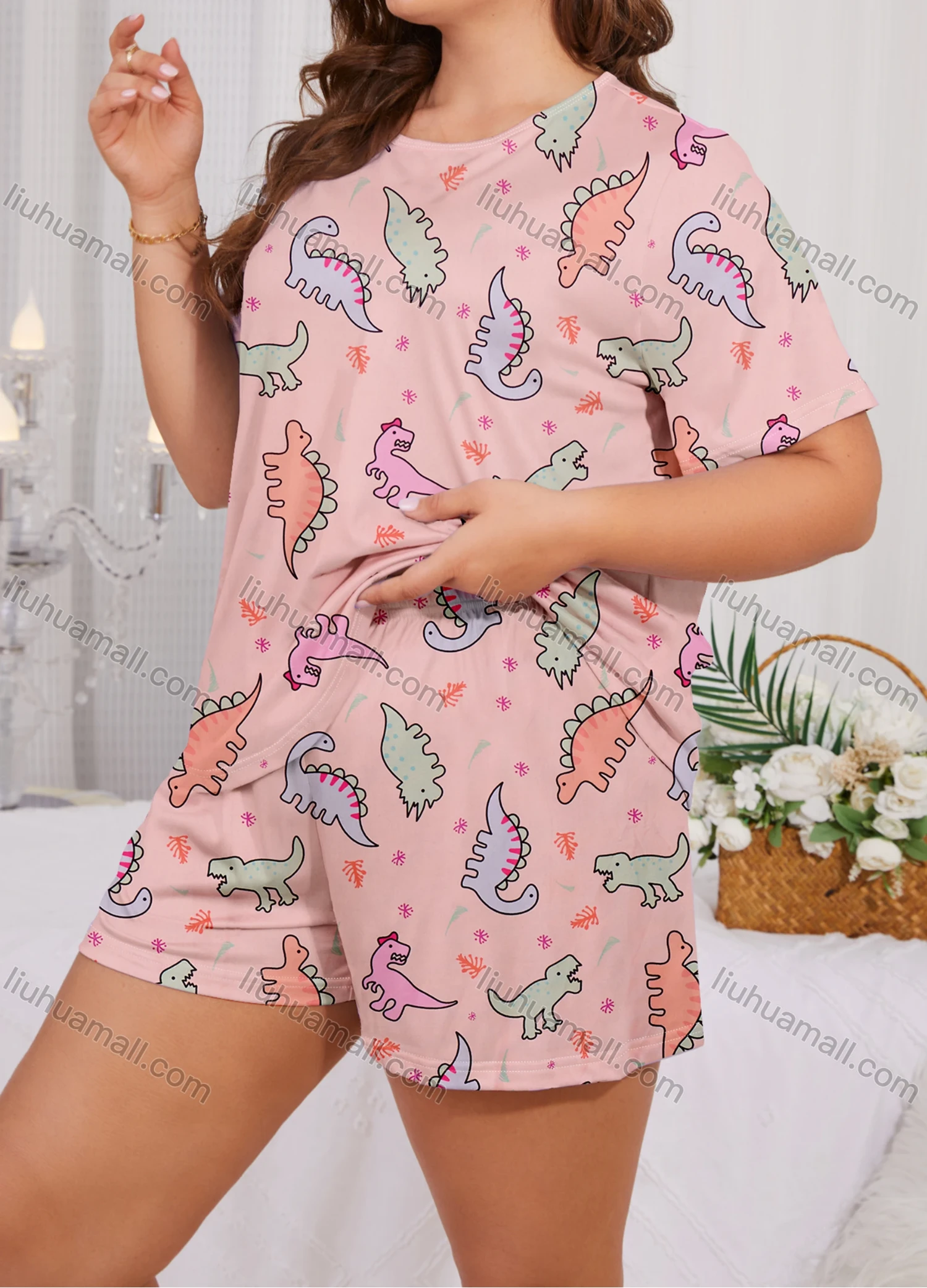 Wholesale Women's Lounge Cute Milk Silk Allover Dinosaur Print Short Sleeve T-shirt & Shorts Pajamas Sets DM2303-03# - Liuhuamall