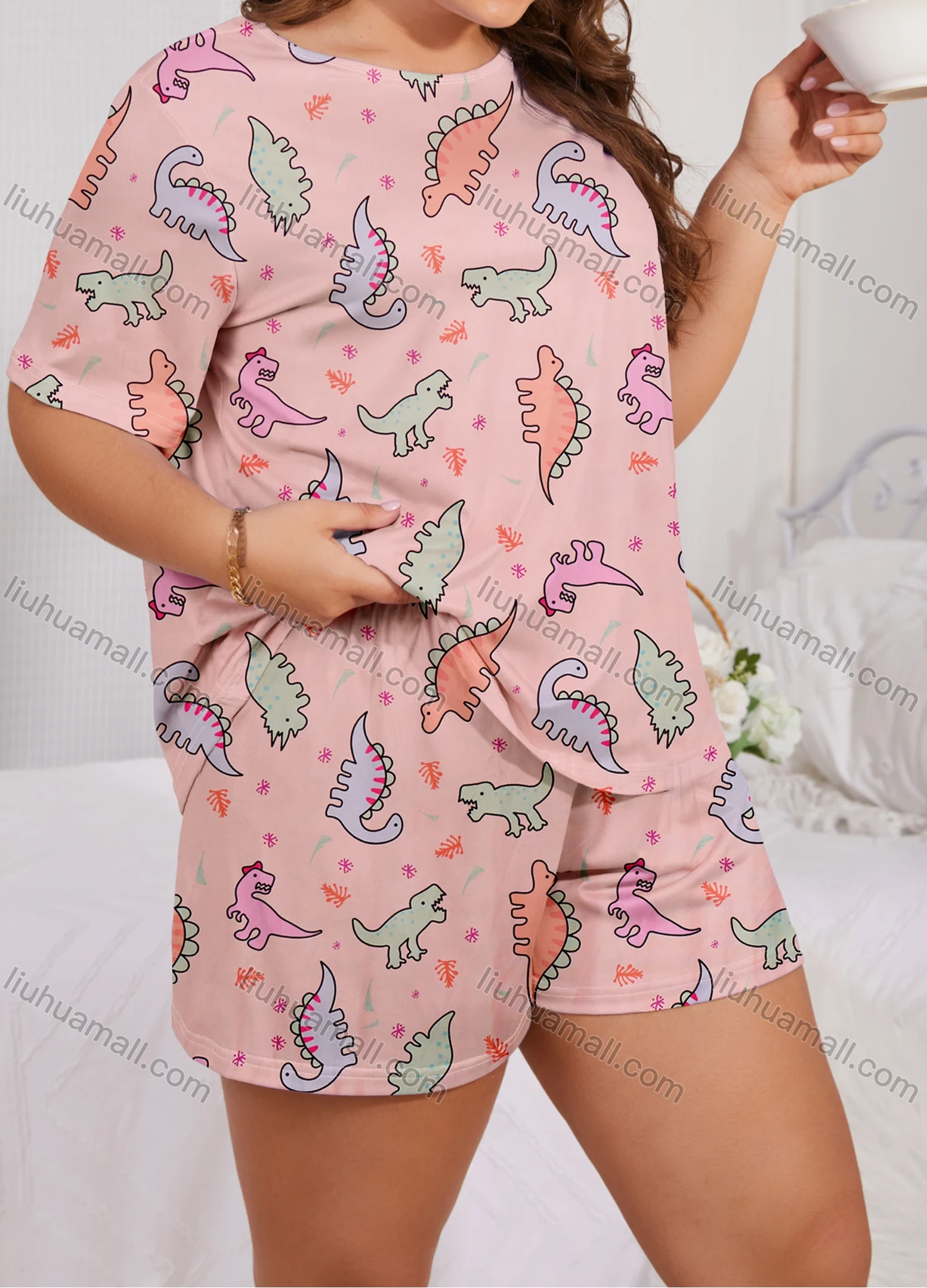 Wholesale Women's Lounge Cute Milk Silk Allover Dinosaur Print Short Sleeve T-shirt & Shorts Pajamas Sets DM2303-03# - Liuhuamall
