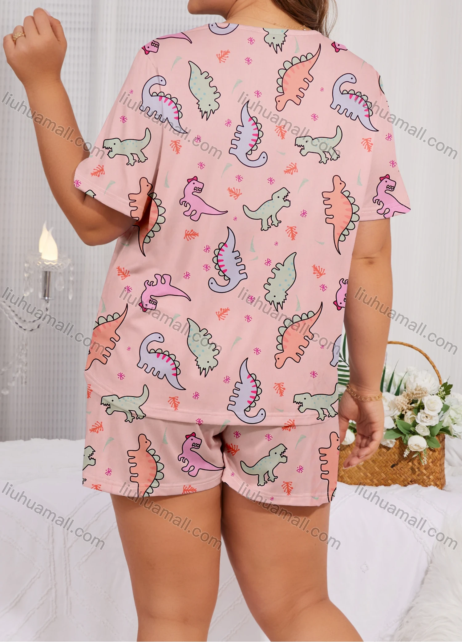 Wholesale Women's Lounge Cute Milk Silk Allover Dinosaur Print Short Sleeve T-shirt & Shorts Pajamas Sets DM2303-03# - Liuhuamall