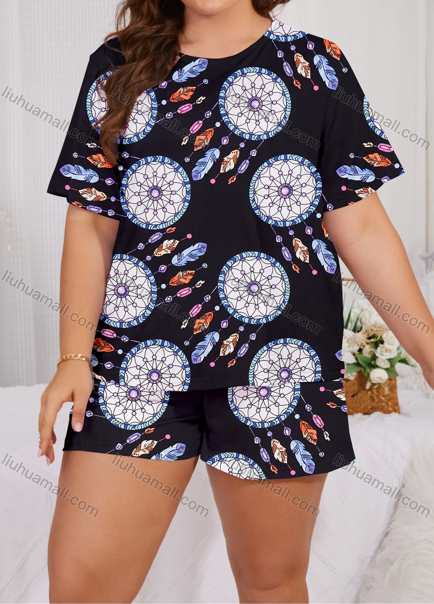 Wholesale Women's Lounge Milk Silk Allover Print Crew Neck Short Sleeve T-shirt & Shorts Pajamas Sets DM2303-05# - Liuhuamall