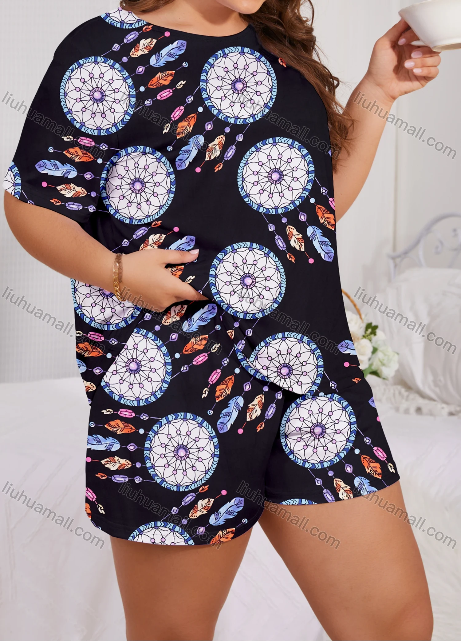 Wholesale Women's Lounge Milk Silk Allover Print Crew Neck Short Sleeve T-shirt & Shorts Pajamas Sets DM2303-05# - Liuhuamall
