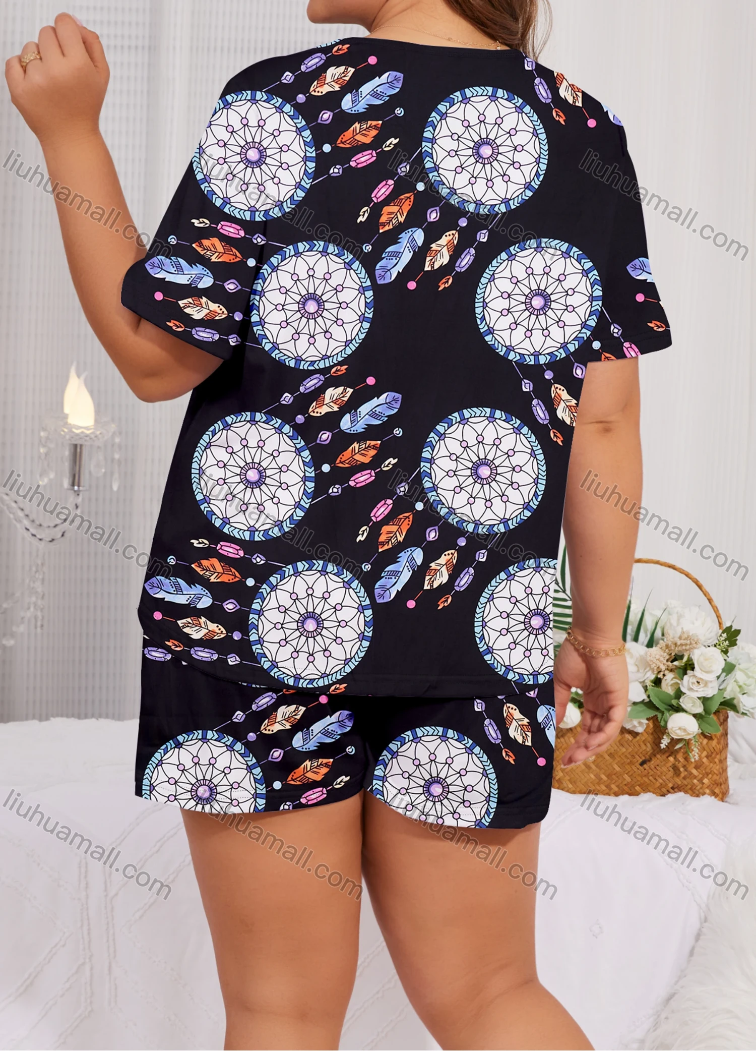 Wholesale Women's Lounge Milk Silk Allover Print Crew Neck Short Sleeve T-shirt & Shorts Pajamas Sets DM2303-05# - Liuhuamall