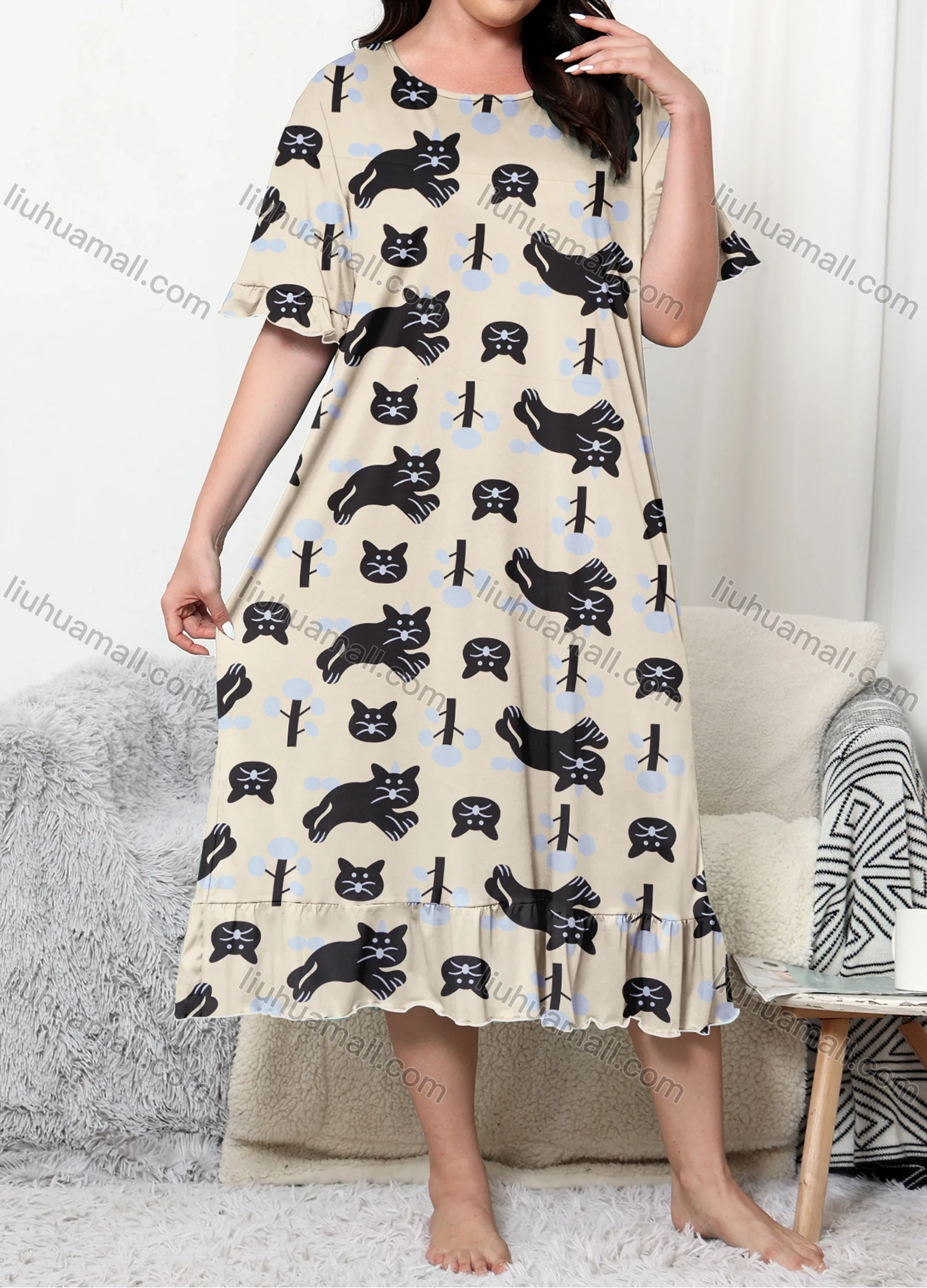 Wholesale Women's Lounge Milk Silk Allover Cat Print Ruffle Hem Crew Neck Short Sleeve Midi Nightdress DM1304-01# - Liuhuamall