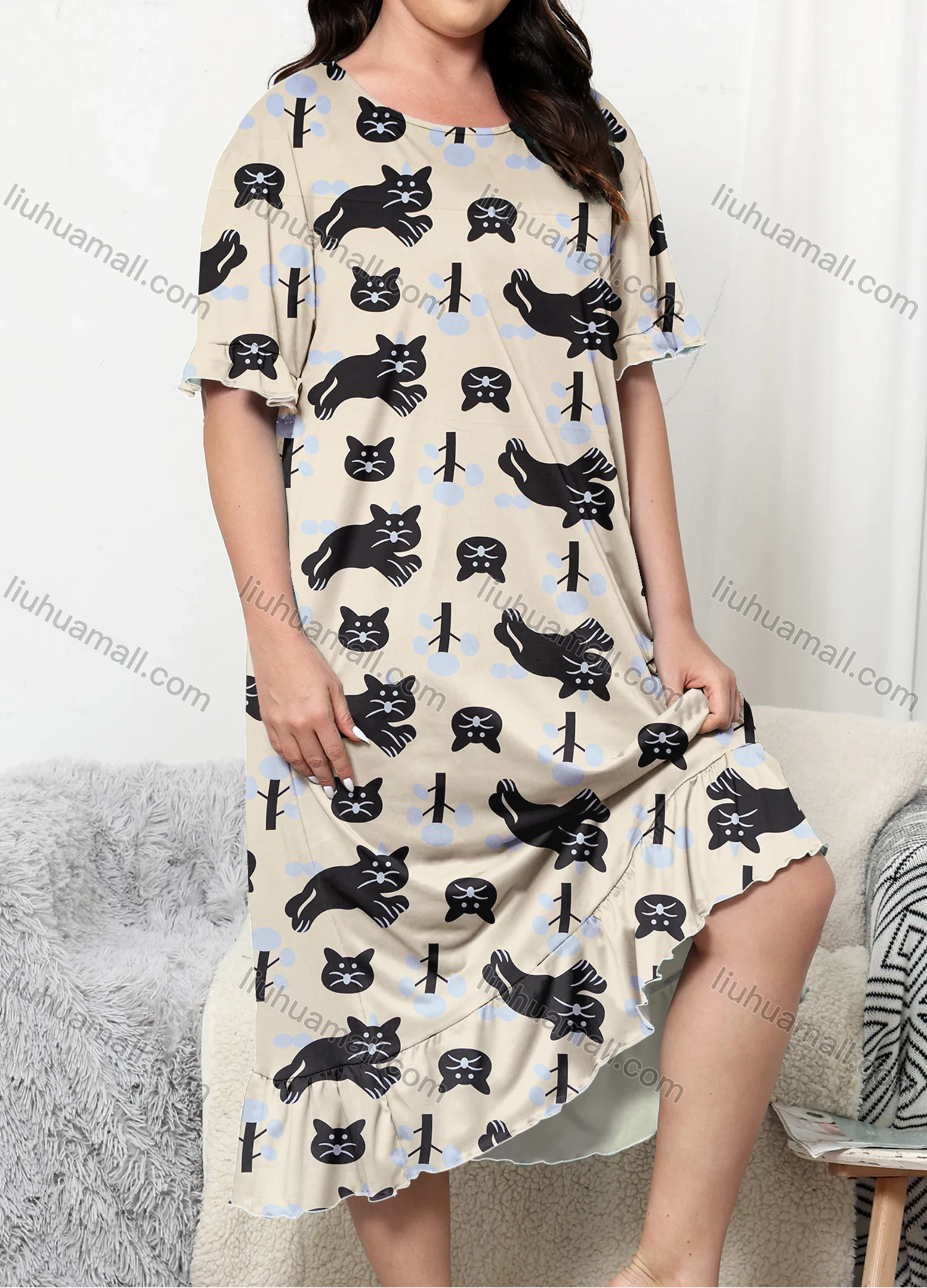 Wholesale Women's Lounge Milk Silk Allover Cat Print Ruffle Hem Crew Neck Short Sleeve Midi Nightdress DM1304-01# - Liuhuamall