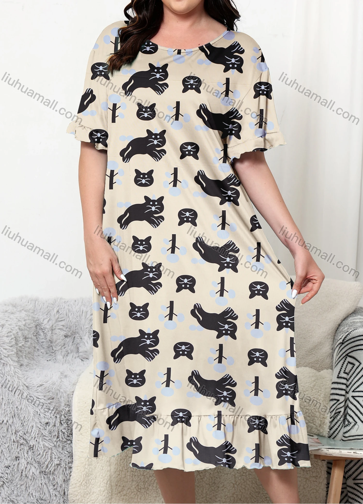 Wholesale Women's Lounge Milk Silk Allover Cat Print Ruffle Hem Crew Neck Short Sleeve Midi Nightdress DM1304-01# - Liuhuamall