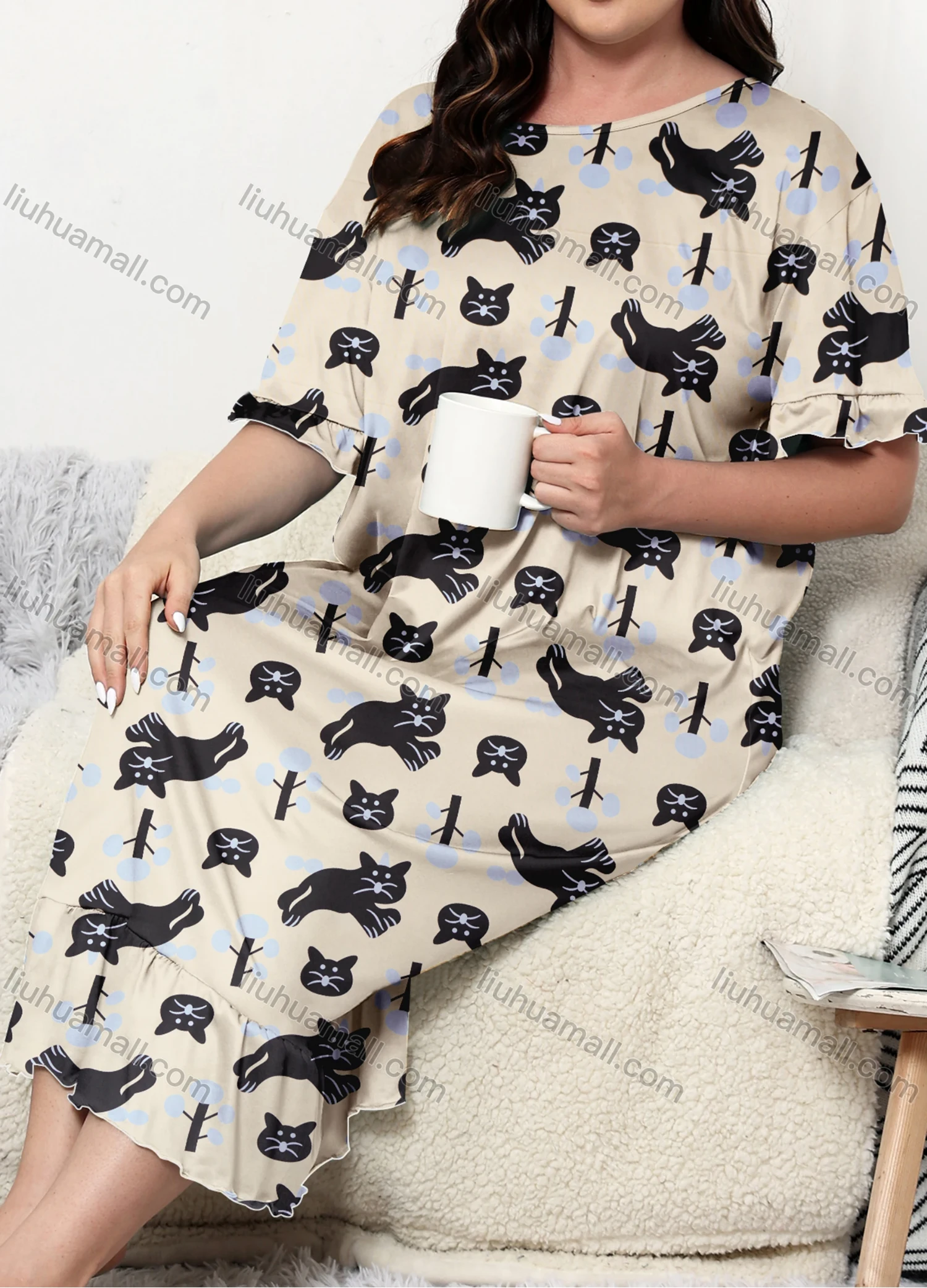 Wholesale Women's Lounge Milk Silk Allover Cat Print Ruffle Hem Crew Neck Short Sleeve Midi Nightdress DM1304-01# - Liuhuamall
