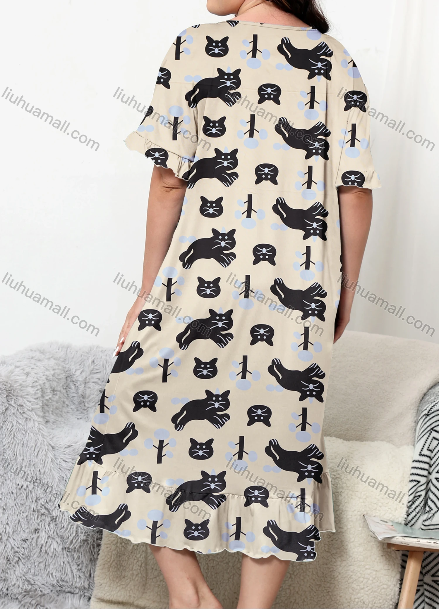 Wholesale Women's Lounge Milk Silk Allover Cat Print Ruffle Hem Crew Neck Short Sleeve Midi Nightdress DM1304-01# - Liuhuamall