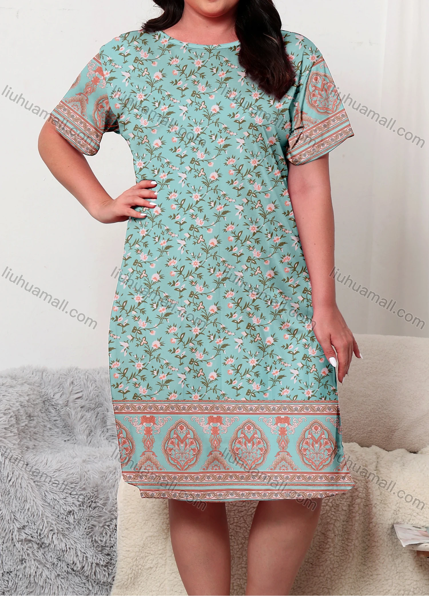 Wholesale Women's Lounge Milk Silk Ditsy Floral Print Splicing Crew Neck Short Sleeve Midi Nightdress DM1305-06# - Liuhuamall