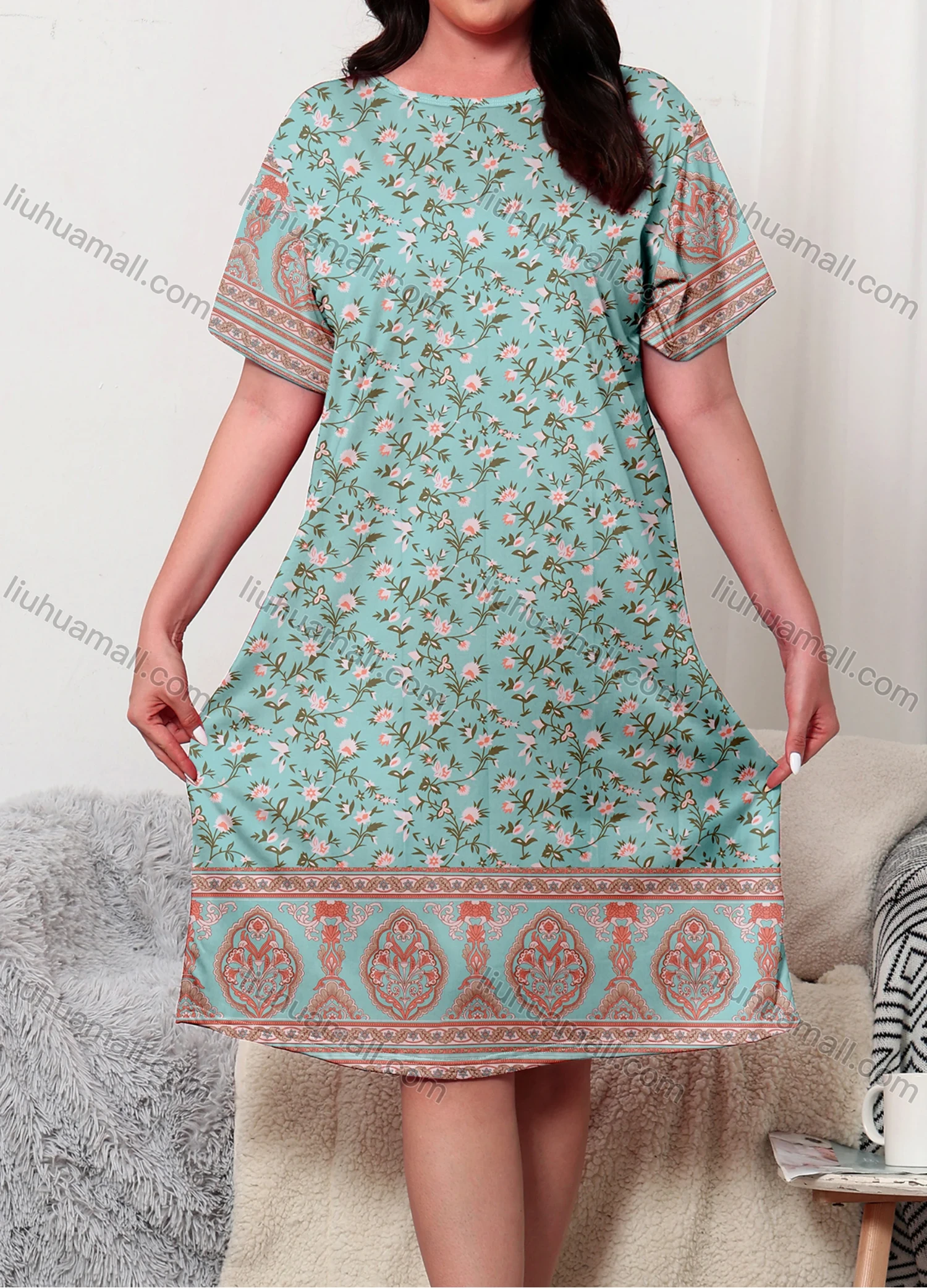 Wholesale Women's Lounge Milk Silk Ditsy Floral Print Splicing Crew Neck Short Sleeve Midi Nightdress DM1305-06# - Liuhuamall