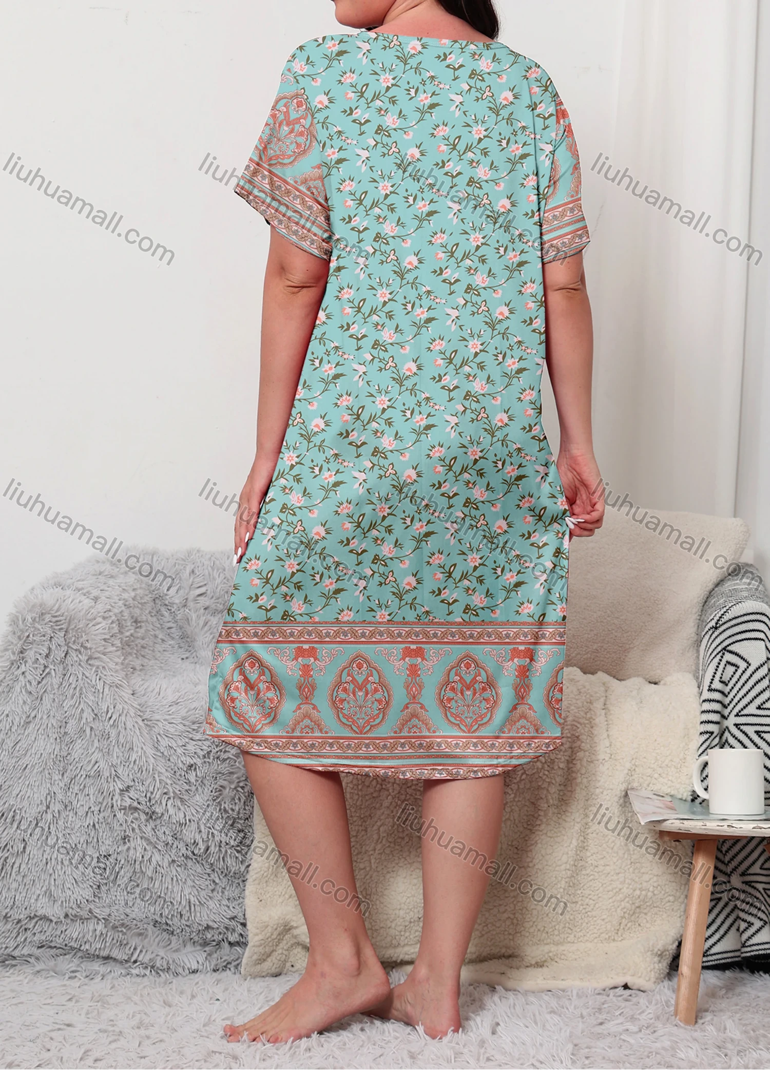 Wholesale Women's Lounge Milk Silk Ditsy Floral Print Splicing Crew Neck Short Sleeve Midi Nightdress DM1305-06# - Liuhuamall