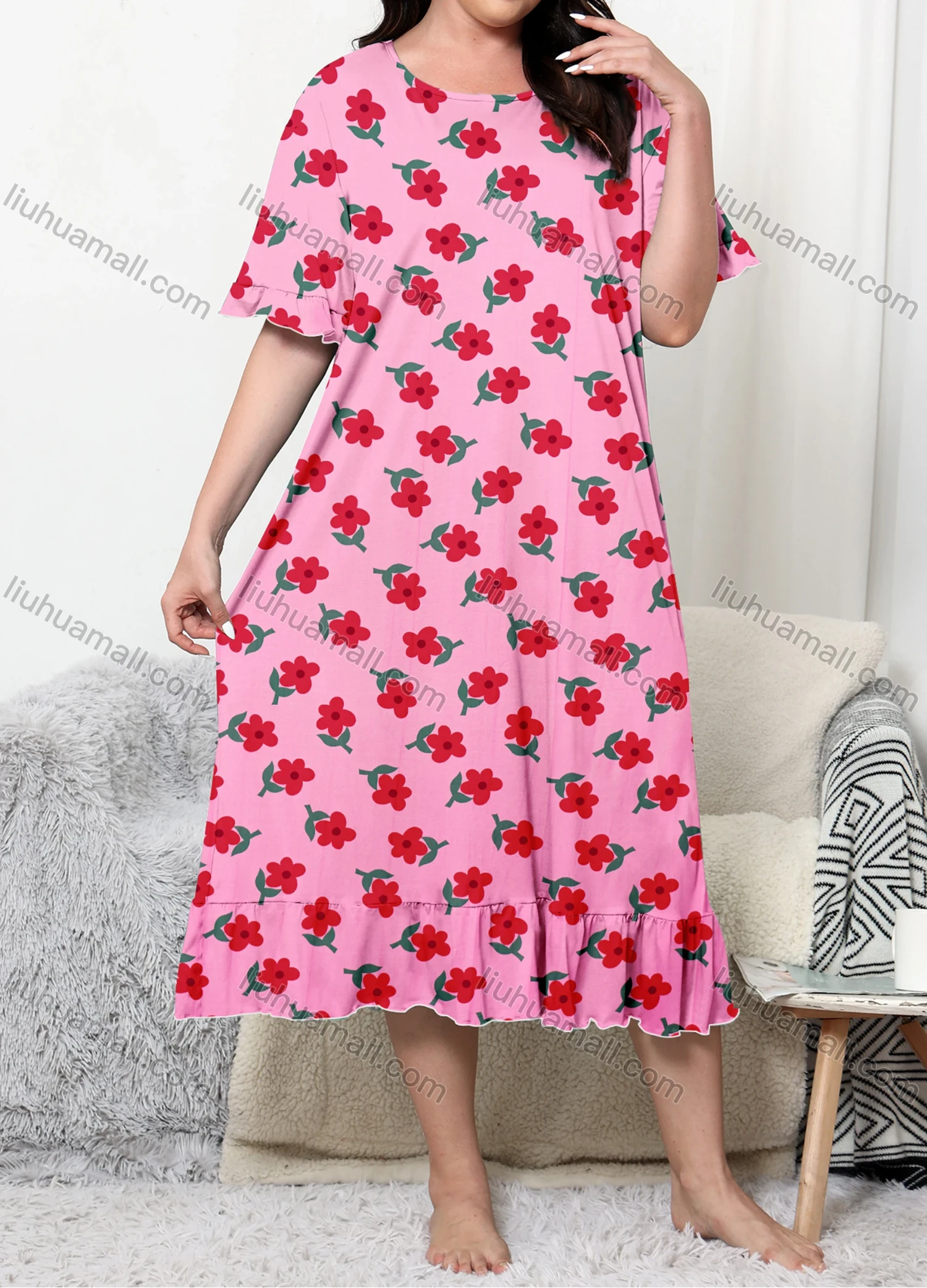 Wholesale Women's Lounge Milk Silk Floral Print Ruffle Hem Ruched Crew Neck Short Sleeve Midi Nightdress DM1309# - Liuhuamall