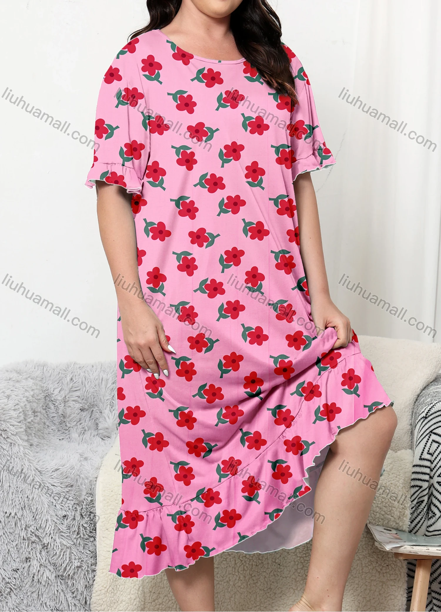Wholesale Women's Lounge Milk Silk Floral Print Ruffle Hem Ruched Crew Neck Short Sleeve Midi Nightdress DM1309# - Liuhuamall
