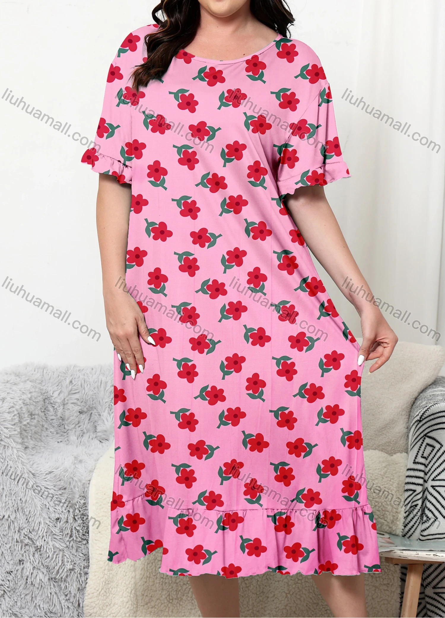 Wholesale Women's Lounge Milk Silk Floral Print Ruffle Hem Ruched Crew Neck Short Sleeve Midi Nightdress DM1309# - Liuhuamall