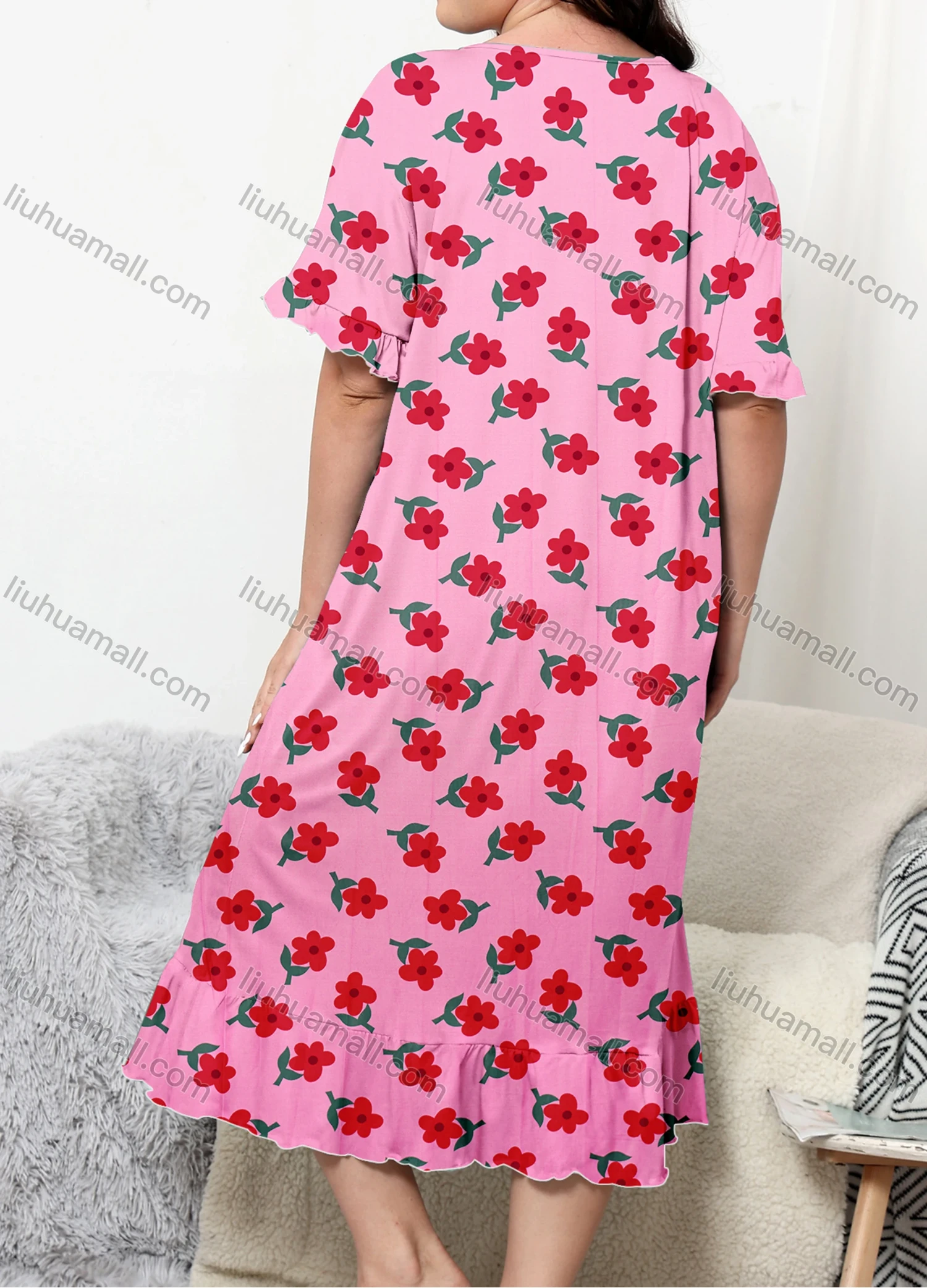 Wholesale Women's Lounge Milk Silk Floral Print Ruffle Hem Ruched Crew Neck Short Sleeve Midi Nightdress DM1309# - Liuhuamall