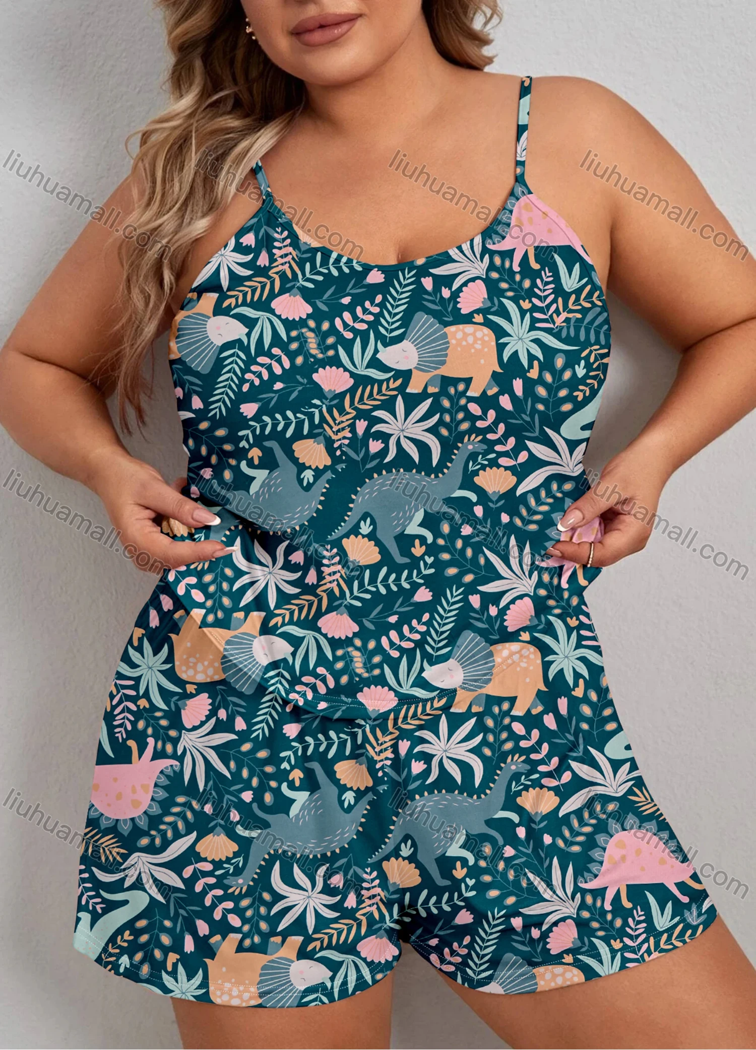 Wholesale Women's Lounge Milk Silk Allover Plants Dinosaur Print Cami Tops & Shorts Pajamas Sets DM2112# - Liuhuamall