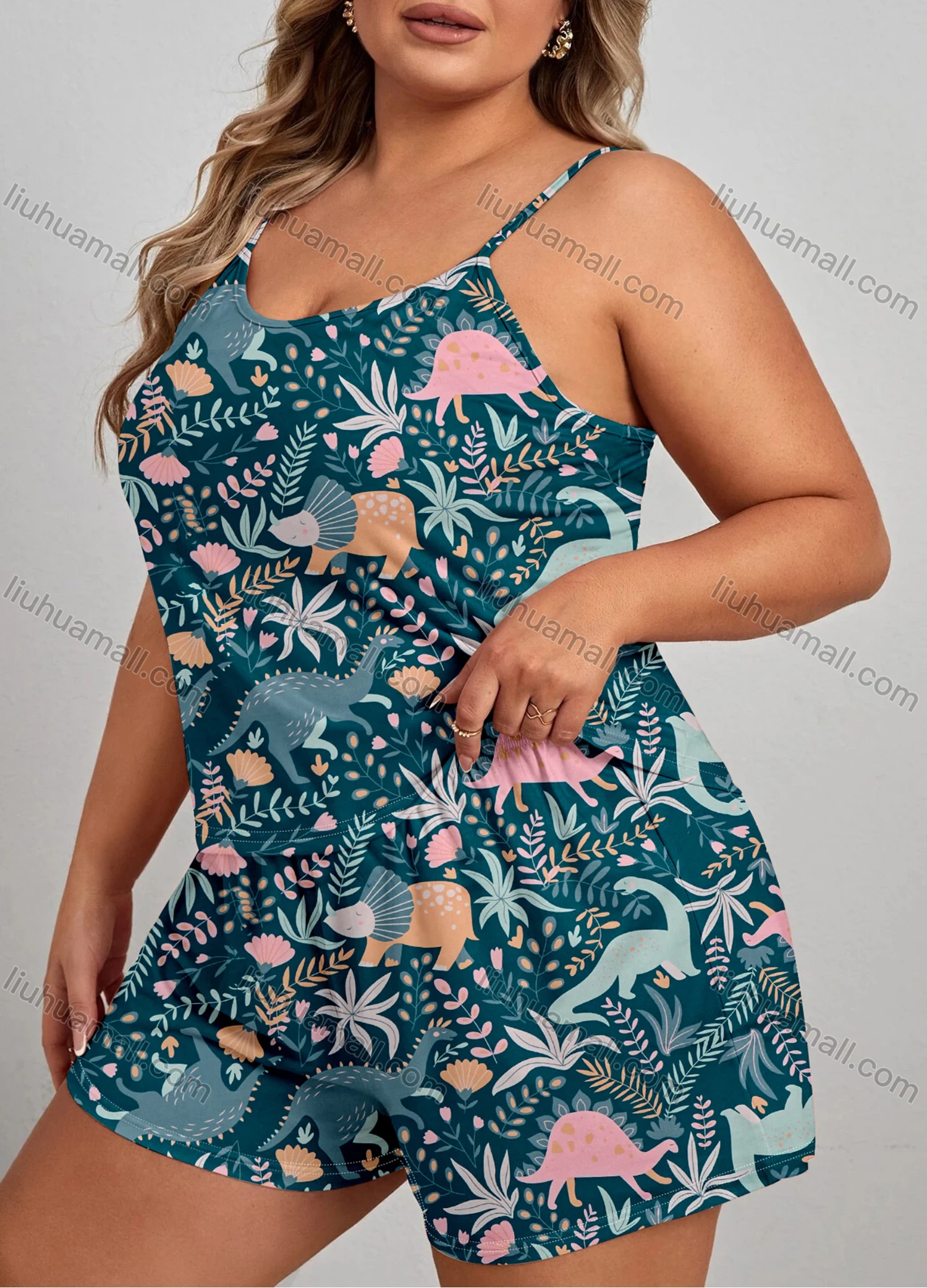 Wholesale Women's Lounge Milk Silk Allover Plants Dinosaur Print Cami Tops & Shorts Pajamas Sets DM2112# - Liuhuamall