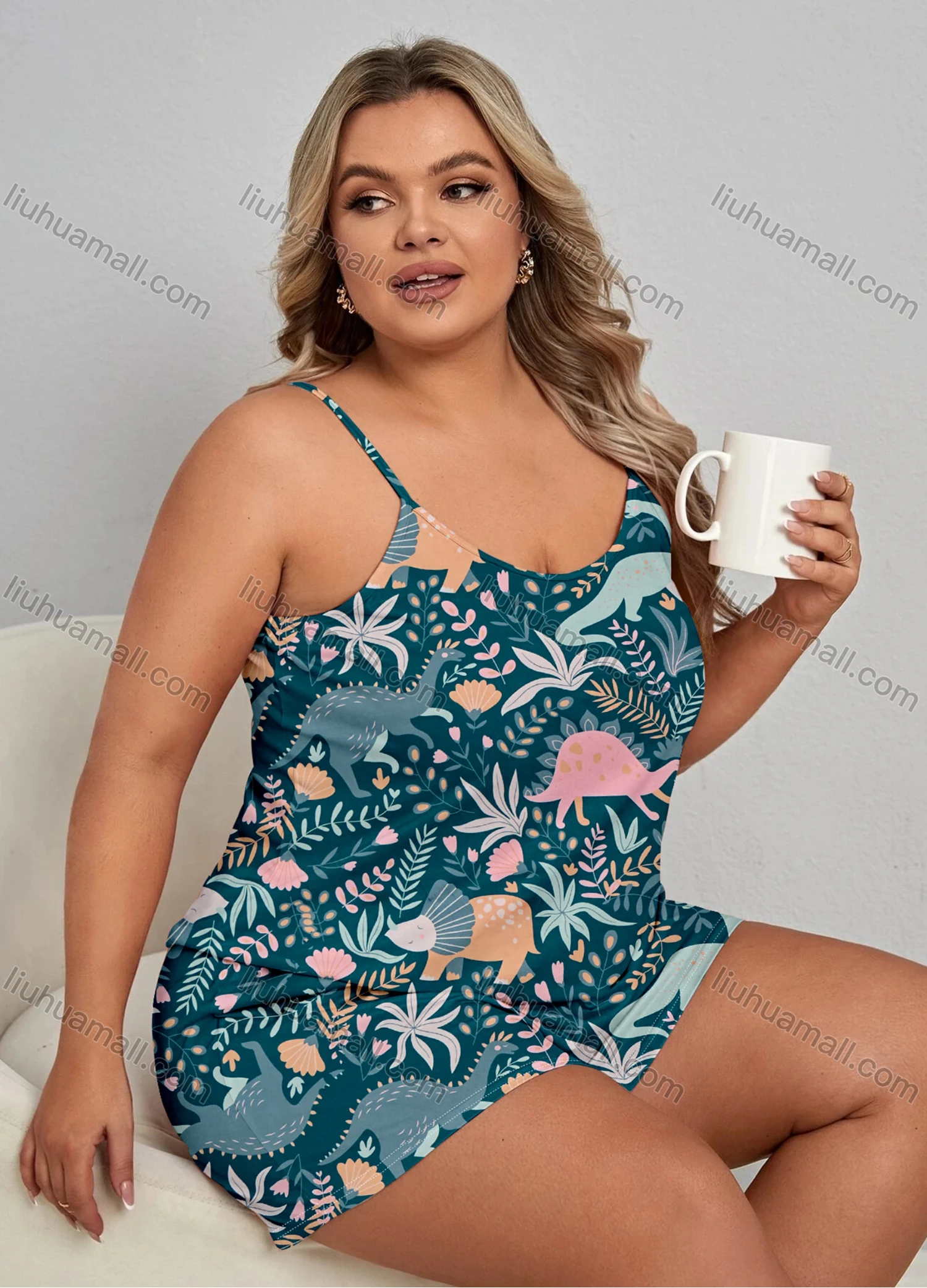 Wholesale Women's Lounge Milk Silk Allover Plants Dinosaur Print Cami Tops & Shorts Pajamas Sets DM2112# - Liuhuamall