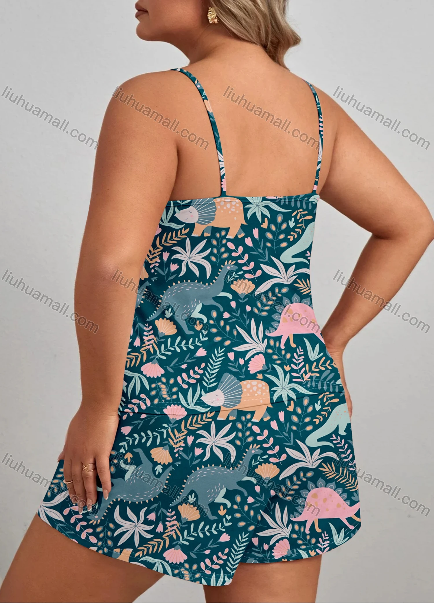 Wholesale Women's Lounge Milk Silk Allover Plants Dinosaur Print Cami Tops & Shorts Pajamas Sets DM2112# - Liuhuamall