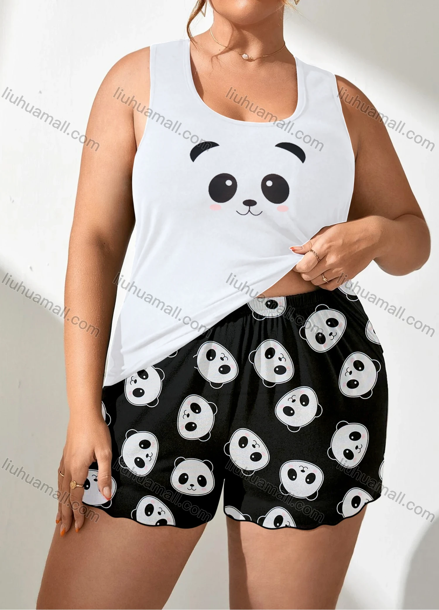 Wholesale Women's Lounge Milk Silk Panda Print Tank Tops & Lettuce Trim Shorts Pajamas Sets DM2202# - Liuhuamall