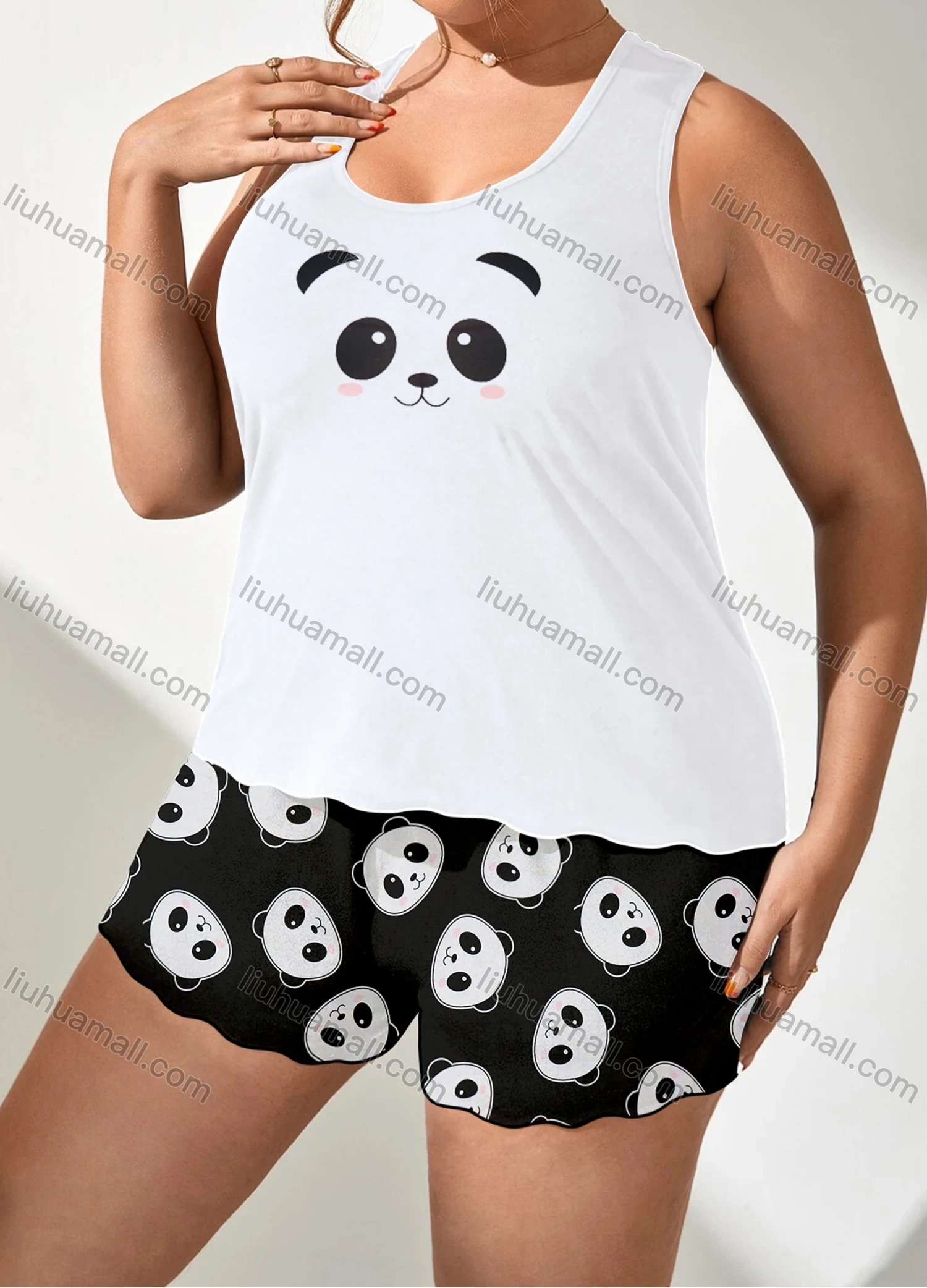 Wholesale Women's Lounge Milk Silk Panda Print Tank Tops & Lettuce Trim Shorts Pajamas Sets DM2202# - Liuhuamall