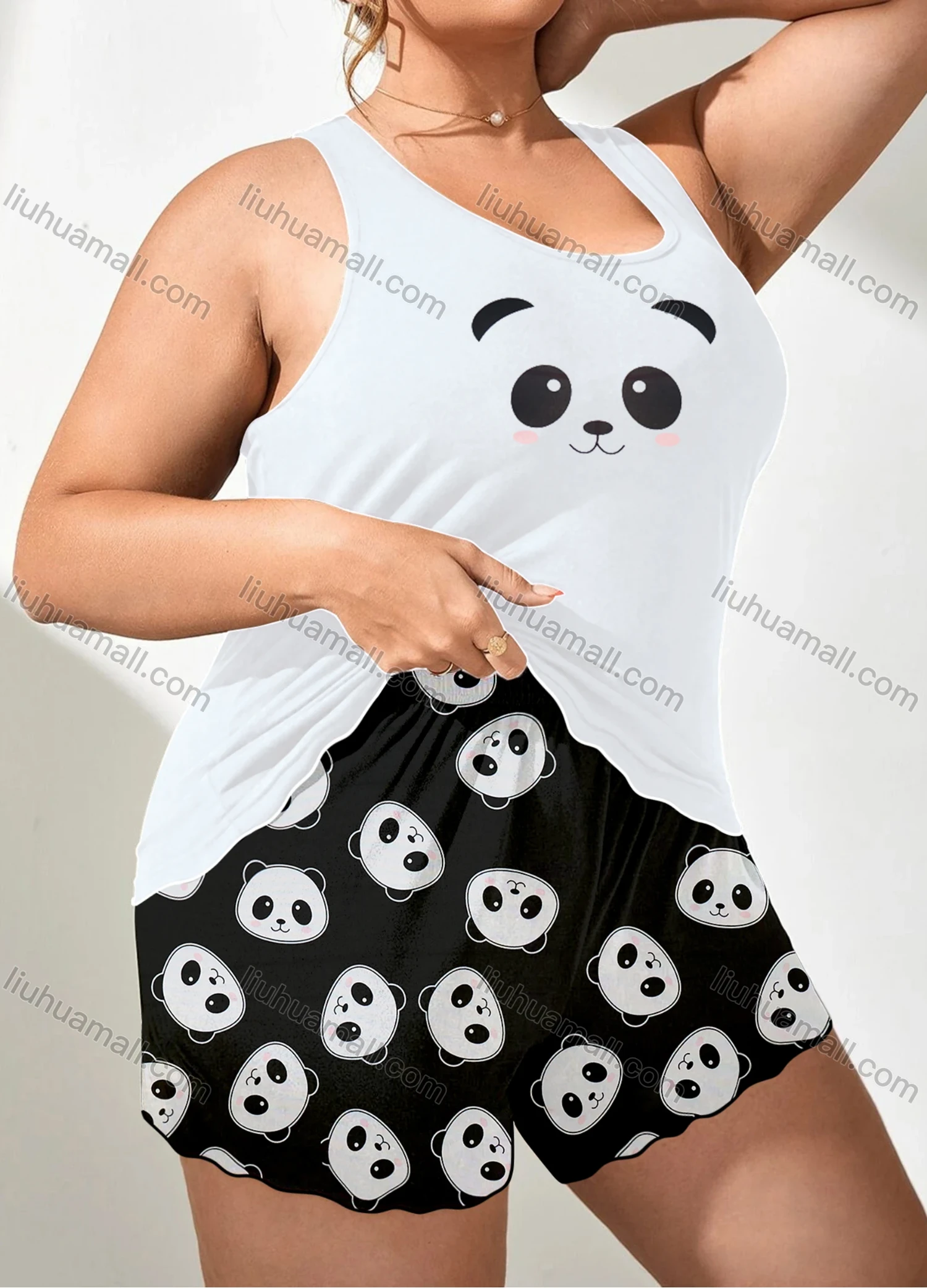Wholesale Women's Lounge Milk Silk Panda Print Tank Tops & Lettuce Trim Shorts Pajamas Sets DM2202# - Liuhuamall