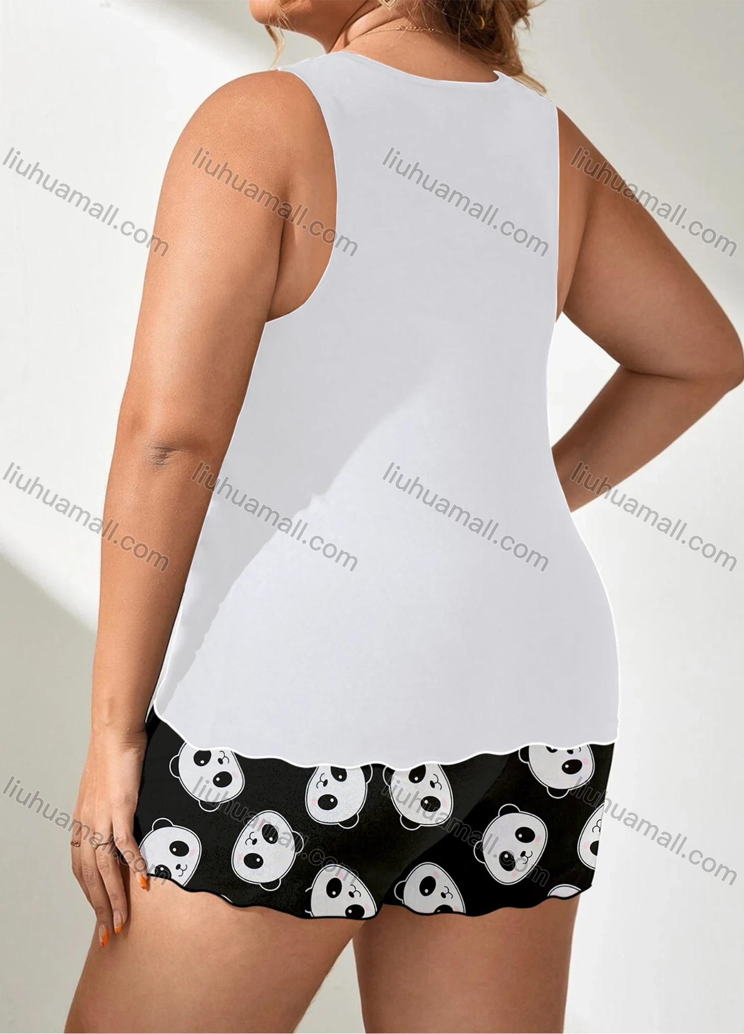 Wholesale Women's Lounge Milk Silk Panda Print Tank Tops & Lettuce Trim Shorts Pajamas Sets DM2202# - Liuhuamall