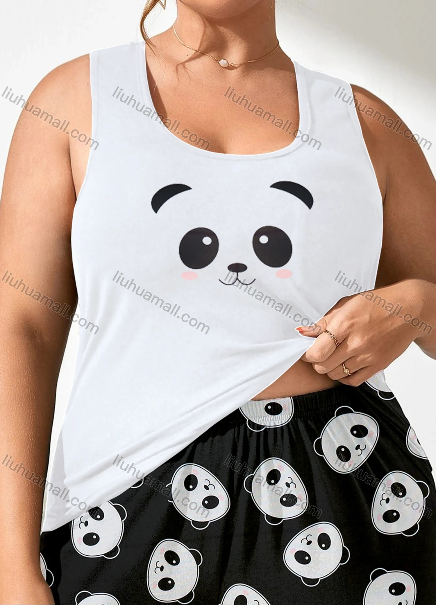 Wholesale Women's Lounge Milk Silk Panda Print Tank Tops & Lettuce Trim Shorts Pajamas Sets DM2202# - Liuhuamall