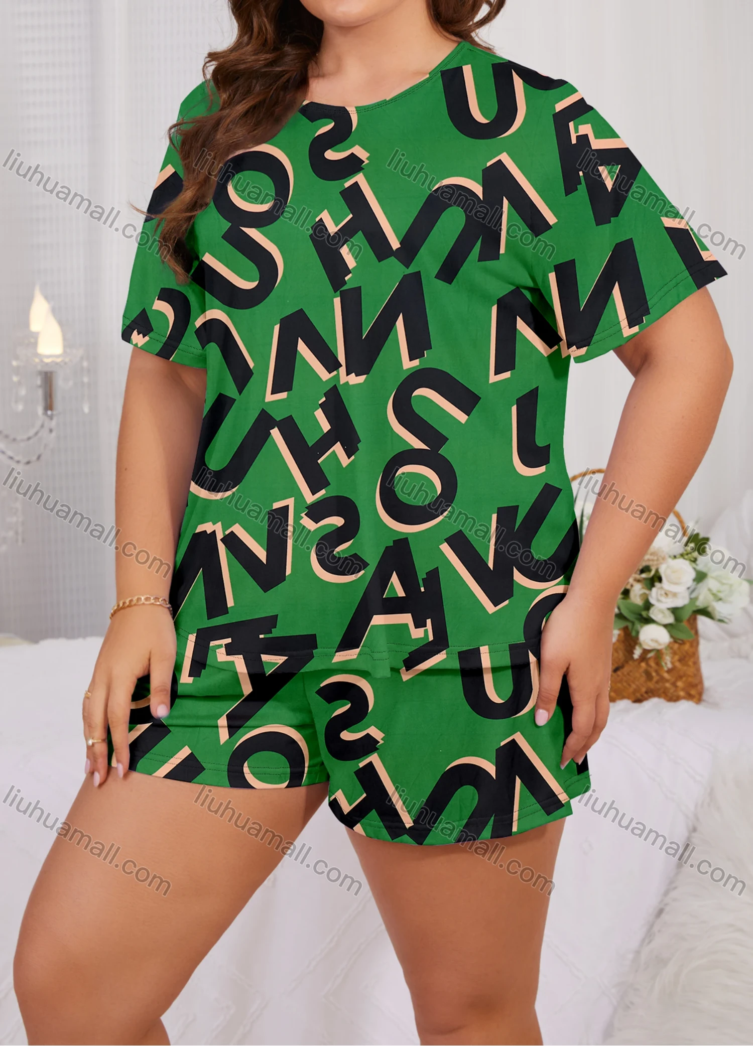 Wholesale Women's Lounge Milk Silk Allover Letter Print Short Sleeve T-shirt & Shorts Soft Pajamas Sets DM02303-09# - Liuhuamall