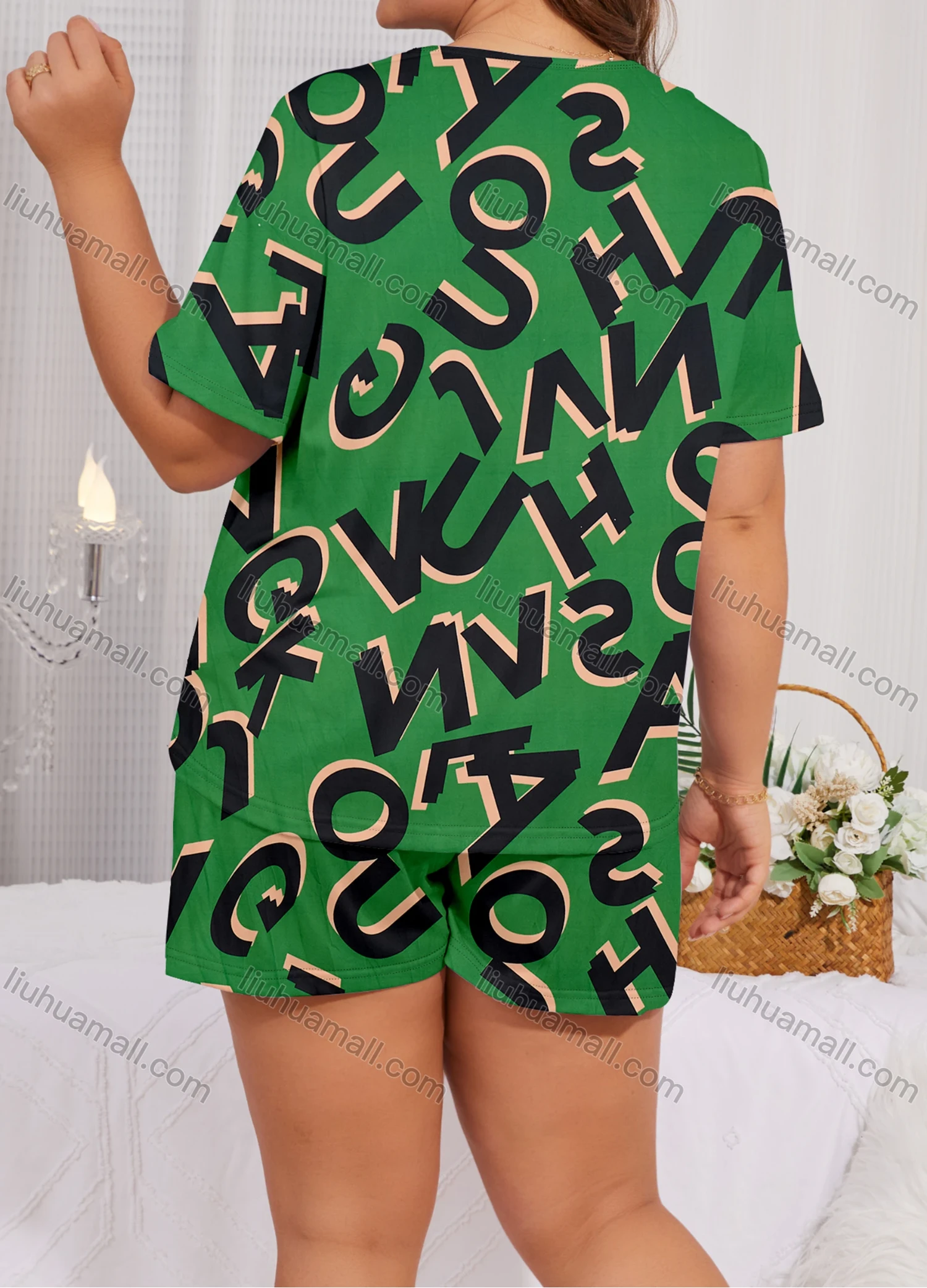 Wholesale Women's Lounge Milk Silk Allover Letter Print Short Sleeve T-shirt & Shorts Soft Pajamas Sets DM02303-09# - Liuhuamall