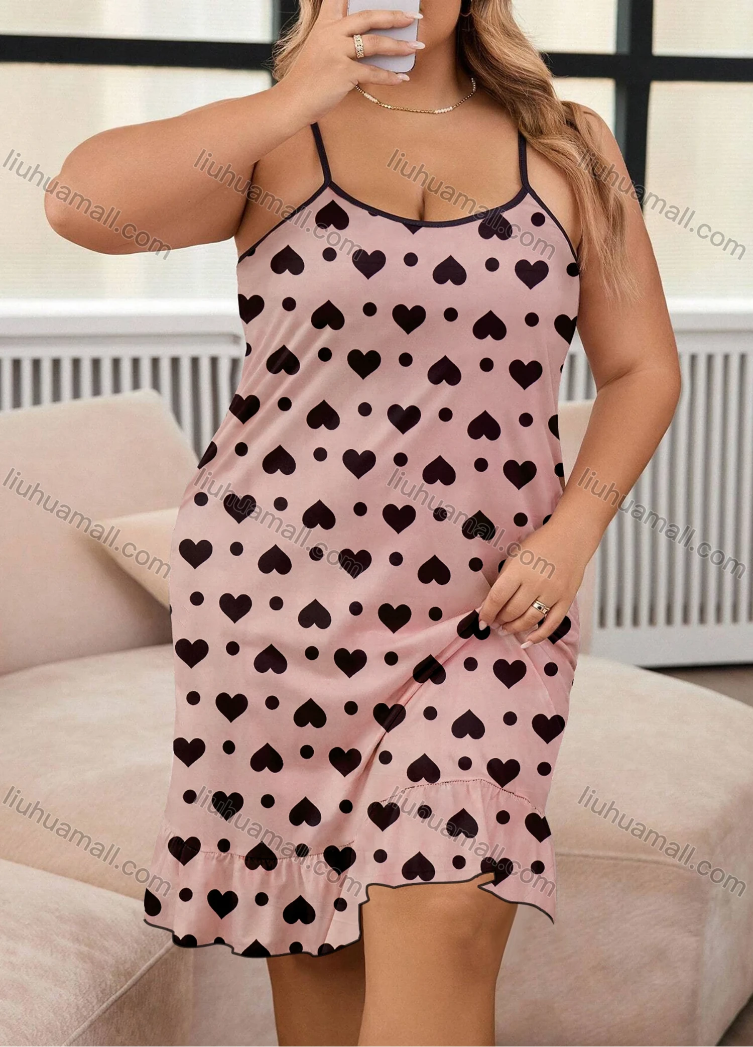 Wholesale Women's Milk Silk Allover Heart Print Spaghetti Strap Ruffle Hem Cami Lounge Nightdress DM1103-05# - Liuhuamall