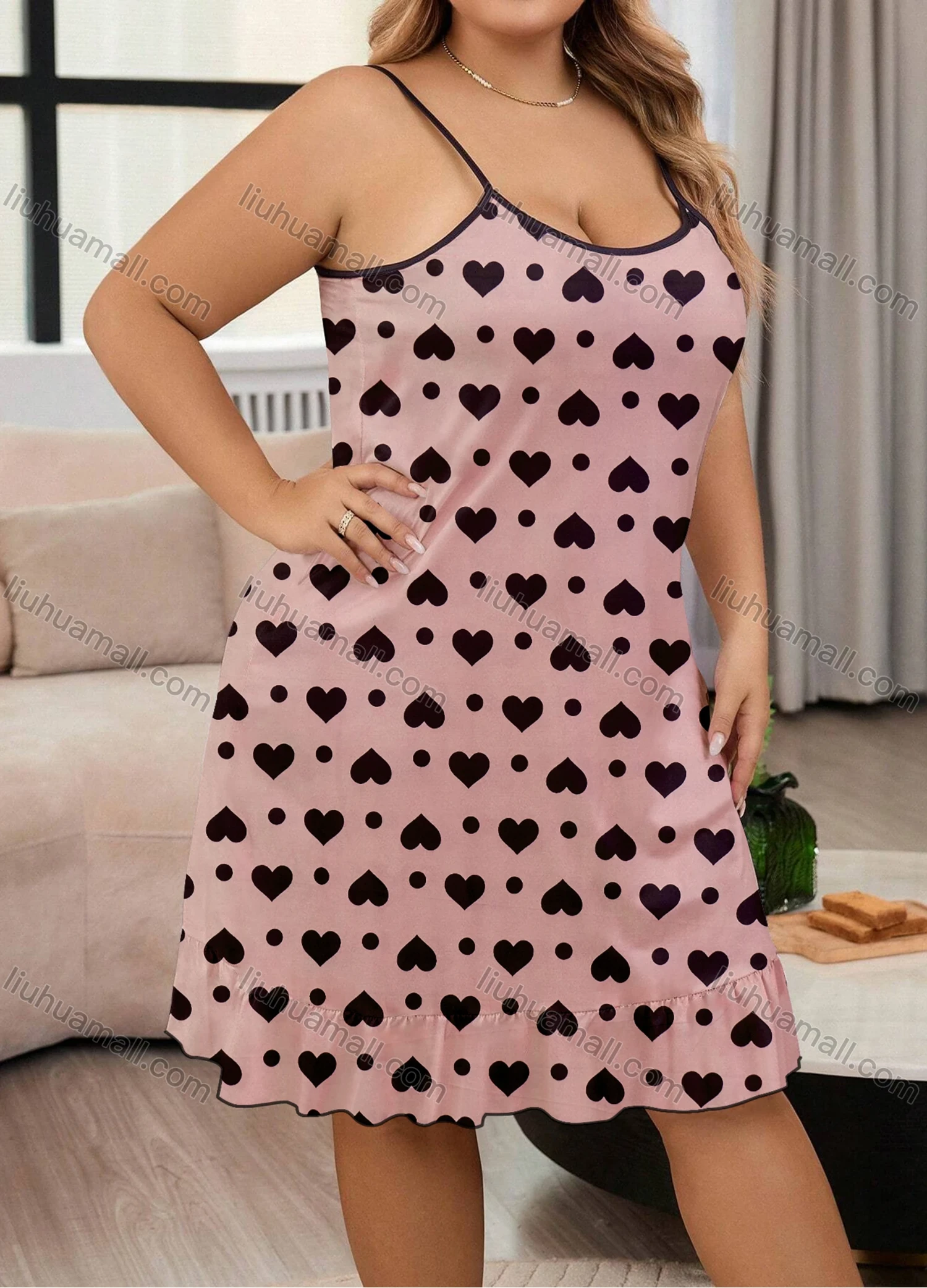 Wholesale Women's Milk Silk Allover Heart Print Spaghetti Strap Ruffle Hem Cami Lounge Nightdress DM1103-05# - Liuhuamall