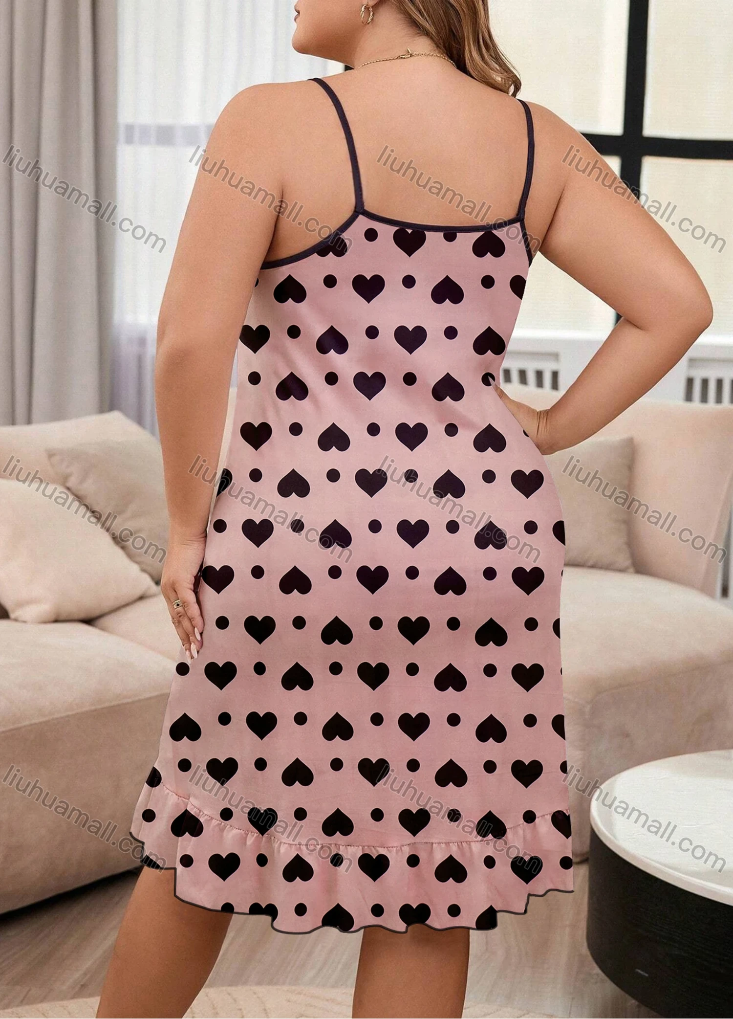 Wholesale Women's Milk Silk Allover Heart Print Spaghetti Strap Ruffle Hem Cami Lounge Nightdress DM1103-05# - Liuhuamall