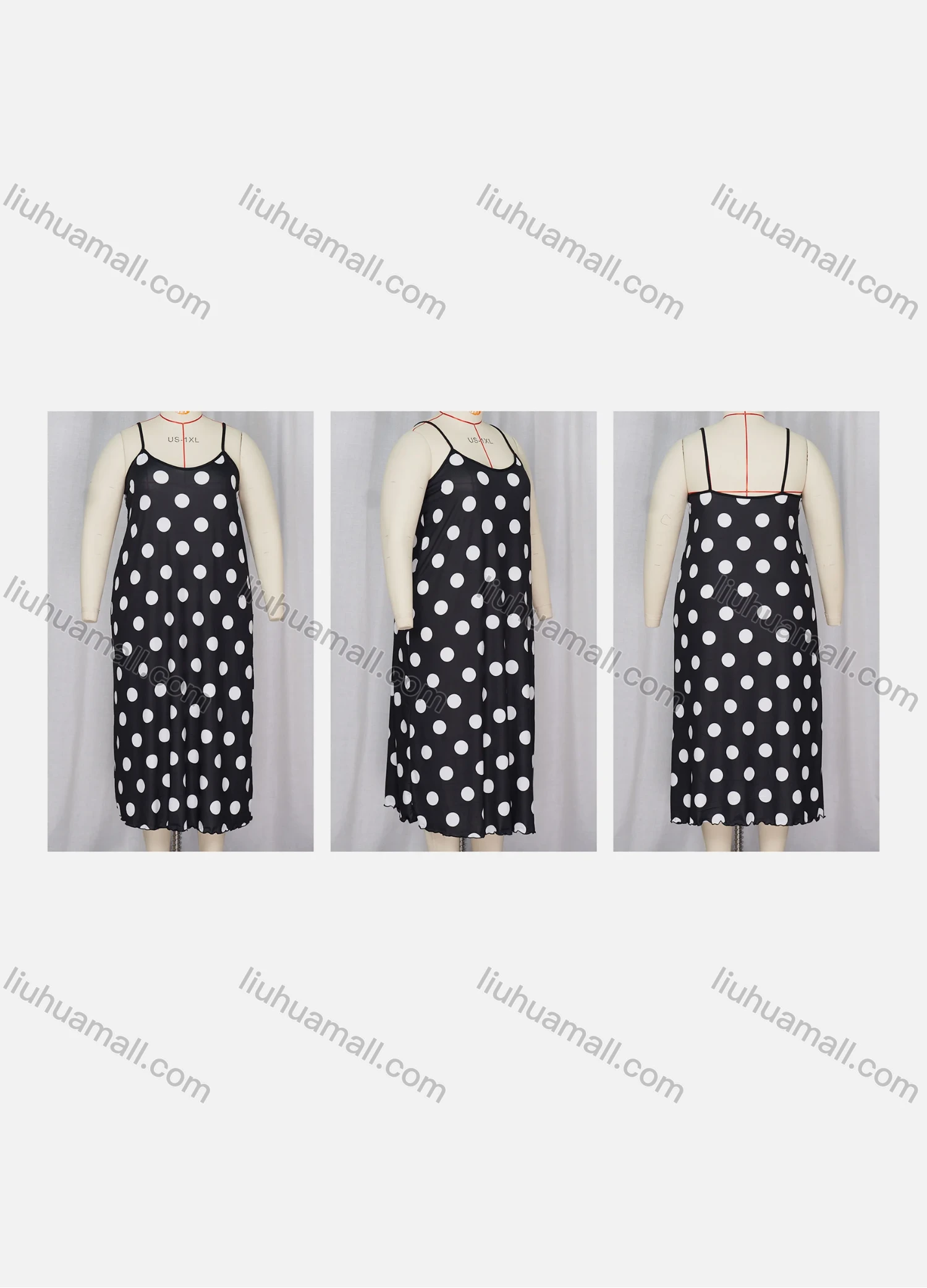 Wholesale Women's Milk Silk Polka Dot Spaghetti Strap Lettuce Trim Cami Lounge Midi Nightdress DM1105# - Liuhuamall