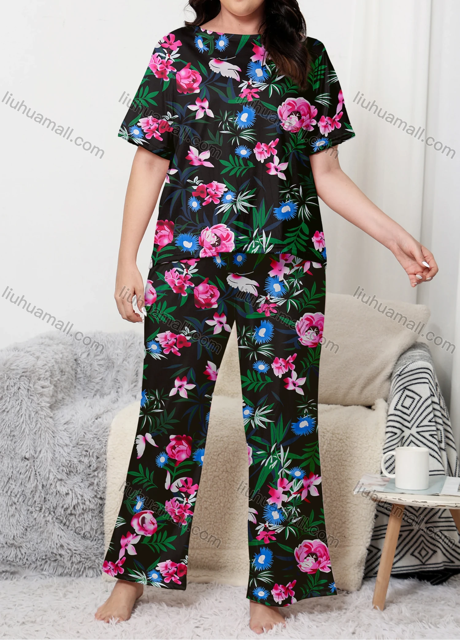 Wholesale Women's Lounge Milk Silk Plants Print Short Sleeve T-shirt & Pant Soft Pajamas Sets DM02304-10# - Liuhuamall