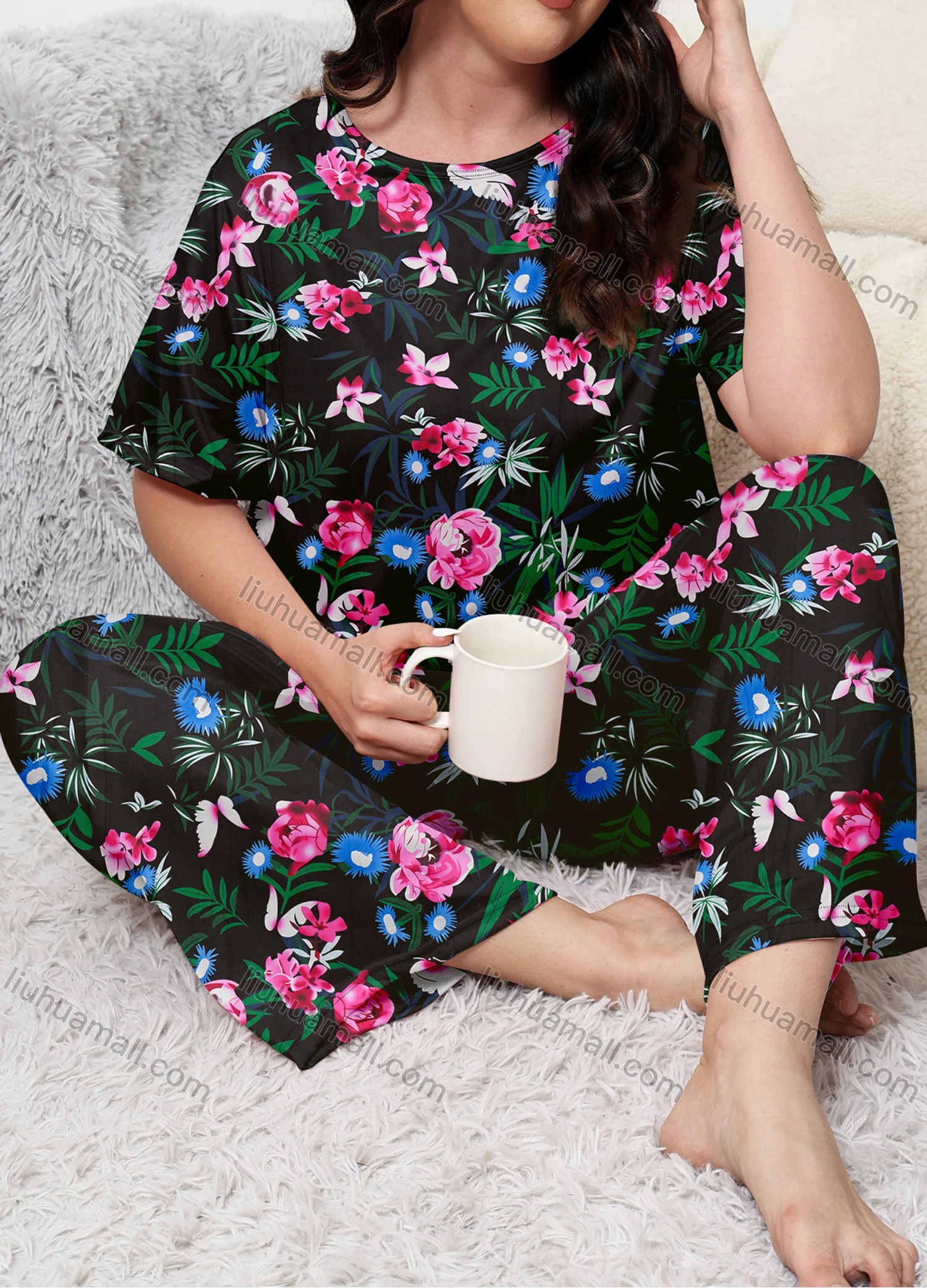 Wholesale Women's Lounge Milk Silk Plants Print Short Sleeve T-shirt & Pant Soft Pajamas Sets DM02304-10# - Liuhuamall