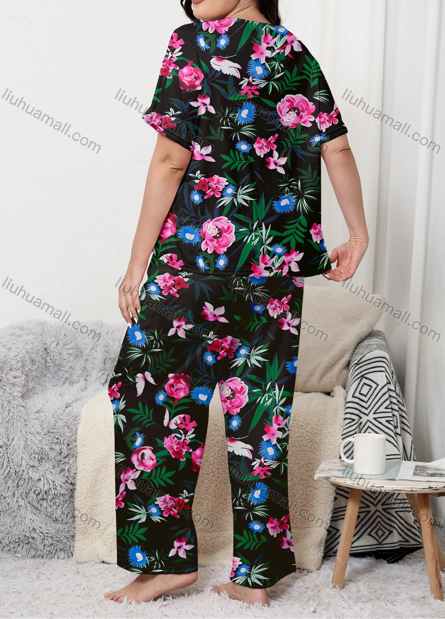 Wholesale Women's Lounge Milk Silk Plants Print Short Sleeve T-shirt & Pant Soft Pajamas Sets DM02304-10# - Liuhuamall