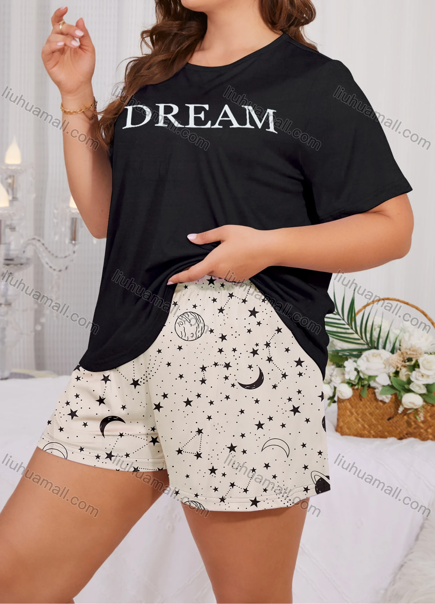 Wholesale Women's Lounge Milk Silk Letter Print Short Sleeve T-shirt & Star Print Shorts Soft Pajamas Sets DM02306-15# - Liuhuamall