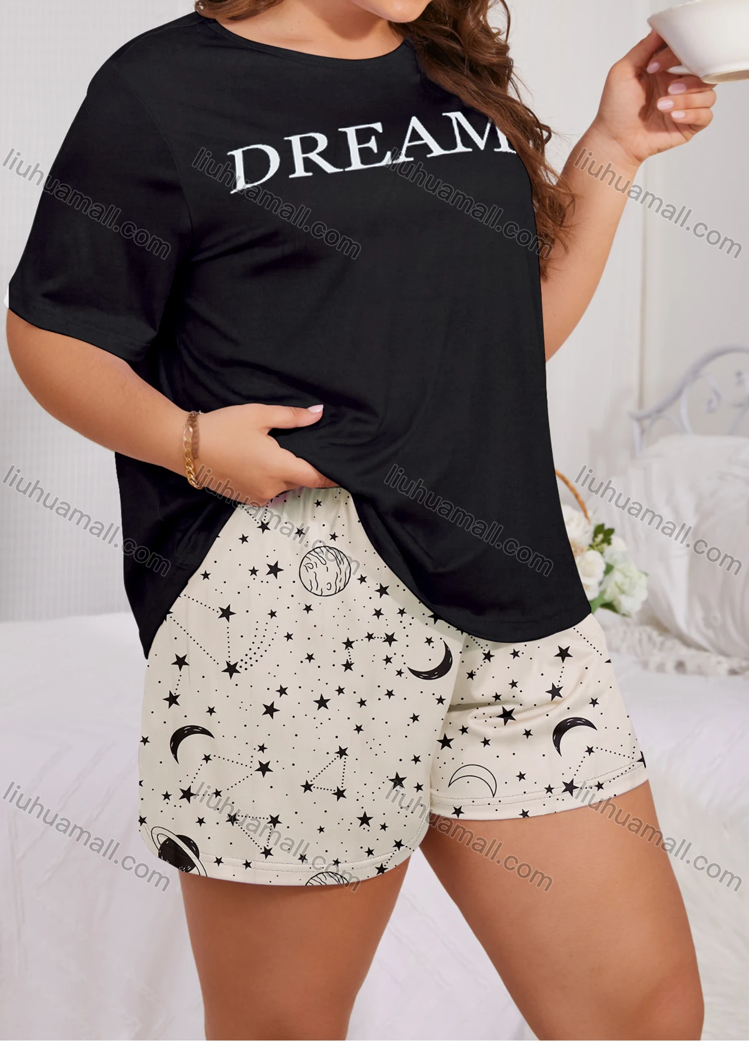 Wholesale Women's Lounge Milk Silk Letter Print Short Sleeve T-shirt & Star Print Shorts Soft Pajamas Sets DM02306-15# - Liuhuamall