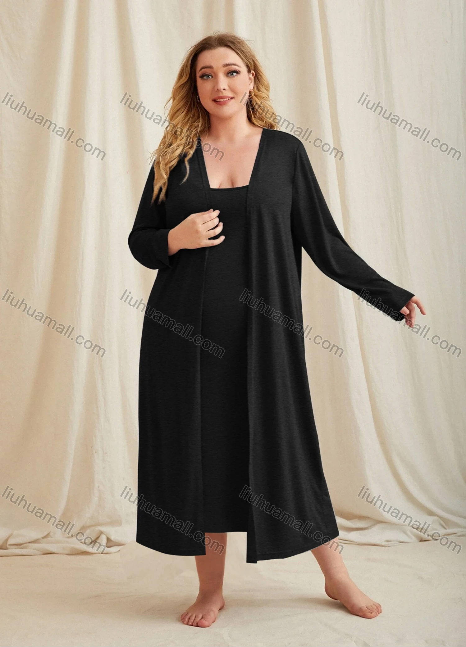 Wholesale Women's Lounge Milk Silk Plain Midi Cami Nightgown & Long Sleeve Cardigan 2 Piece Sets DM3101# - Liuhuamall