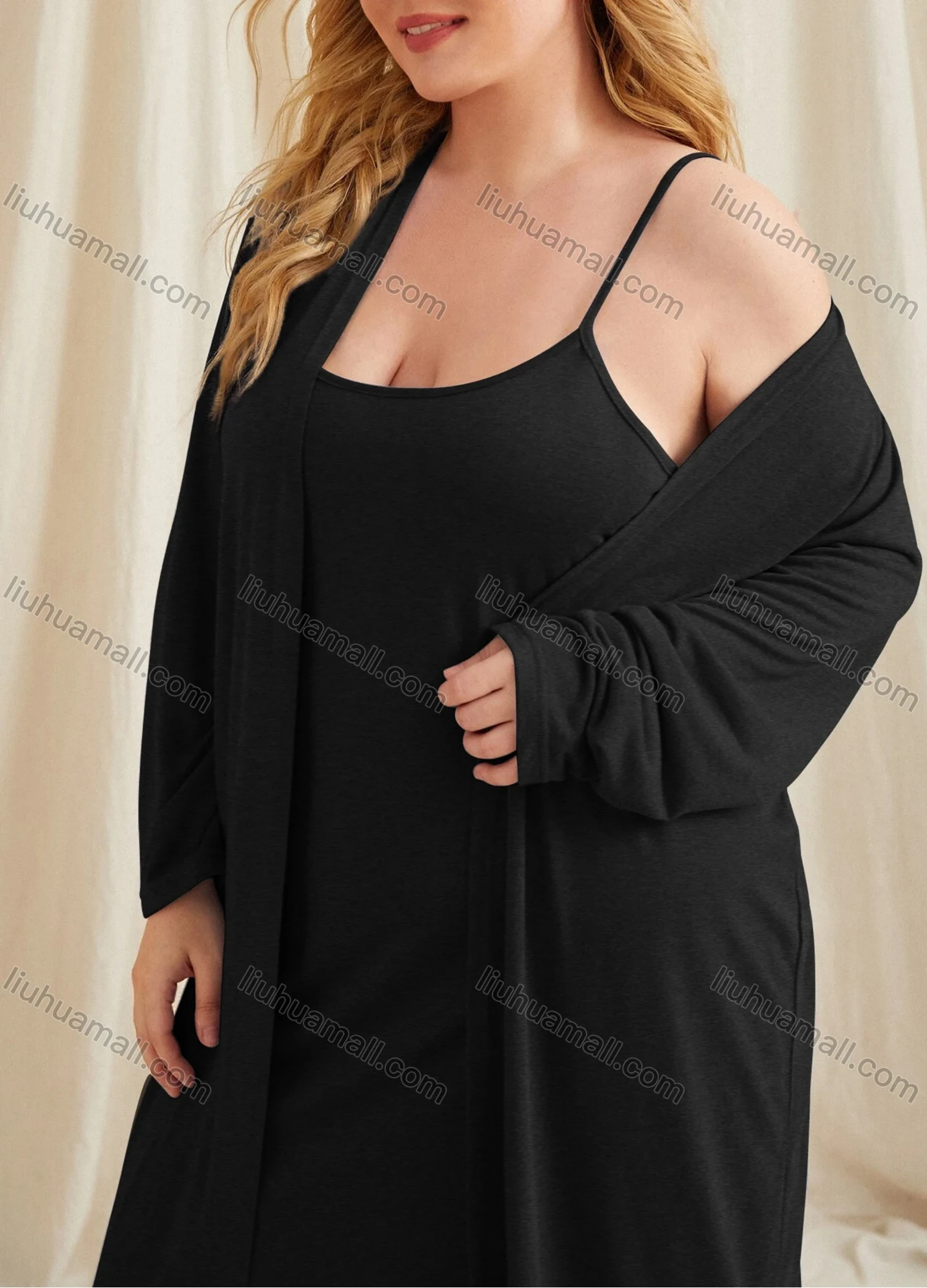 Wholesale Women's Lounge Milk Silk Plain Midi Cami Nightgown & Long Sleeve Cardigan 2 Piece Sets DM3101# - Liuhuamall